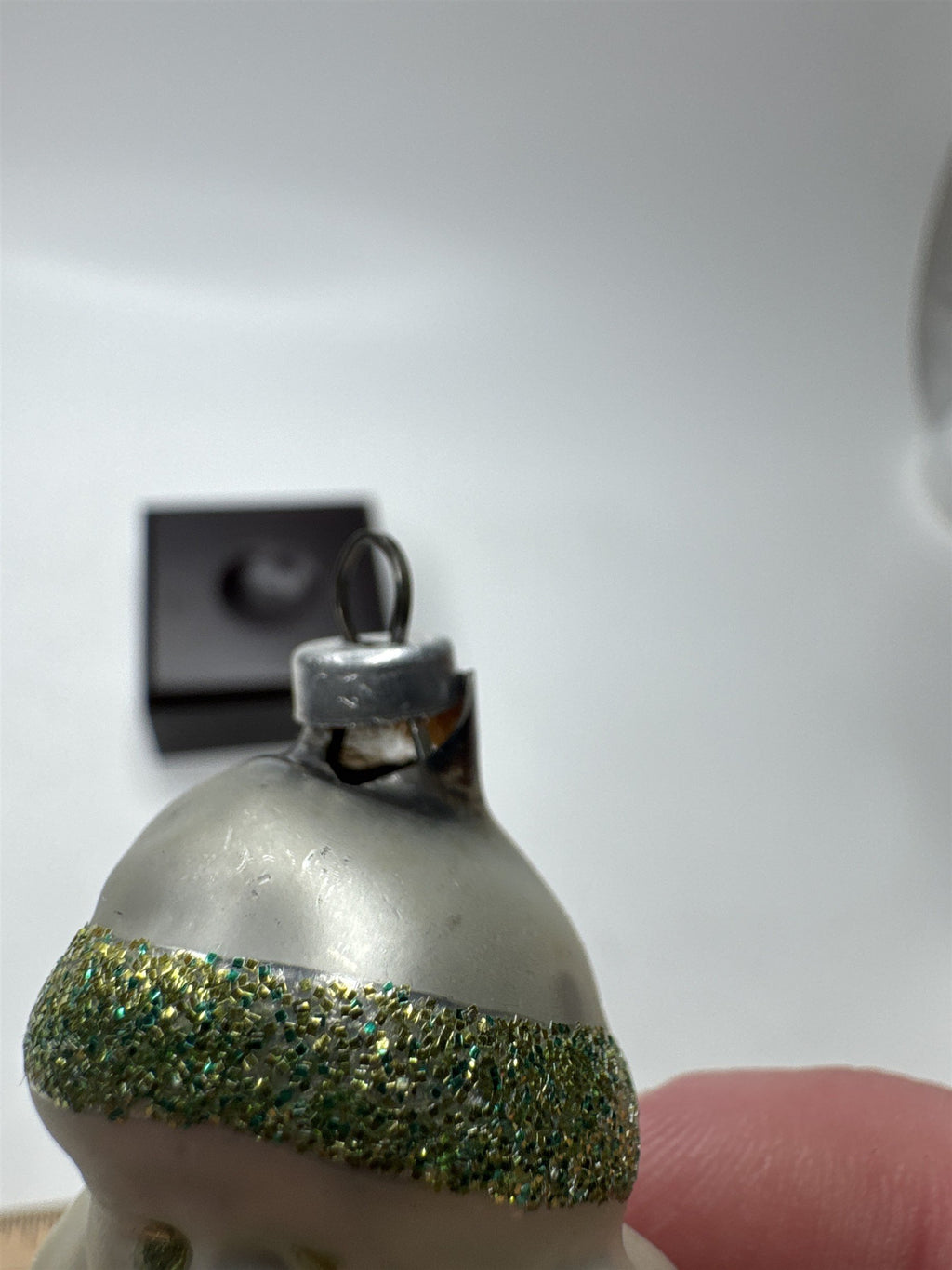 Vintage Blown Glass Santa Ornament Figural Kugel Green Glitter *Cracked Top*