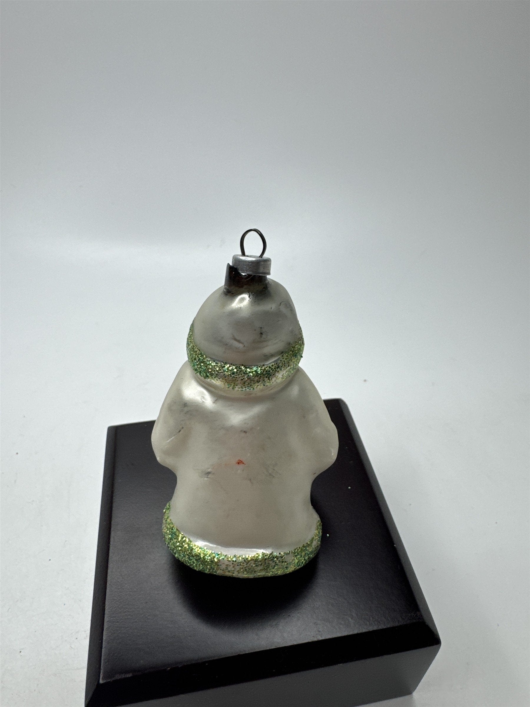 Vintage Blown Glass Santa Ornament Figural Kugel Green Glitter *Cracked Top*