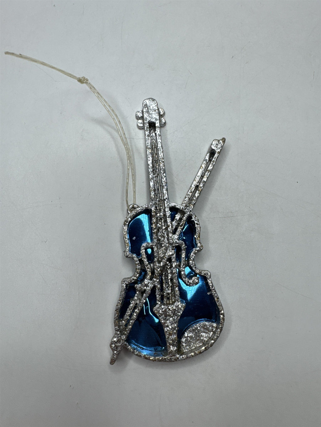Vintage Blue Foil Violin Fiddle Ornament Glitter Musical Figural