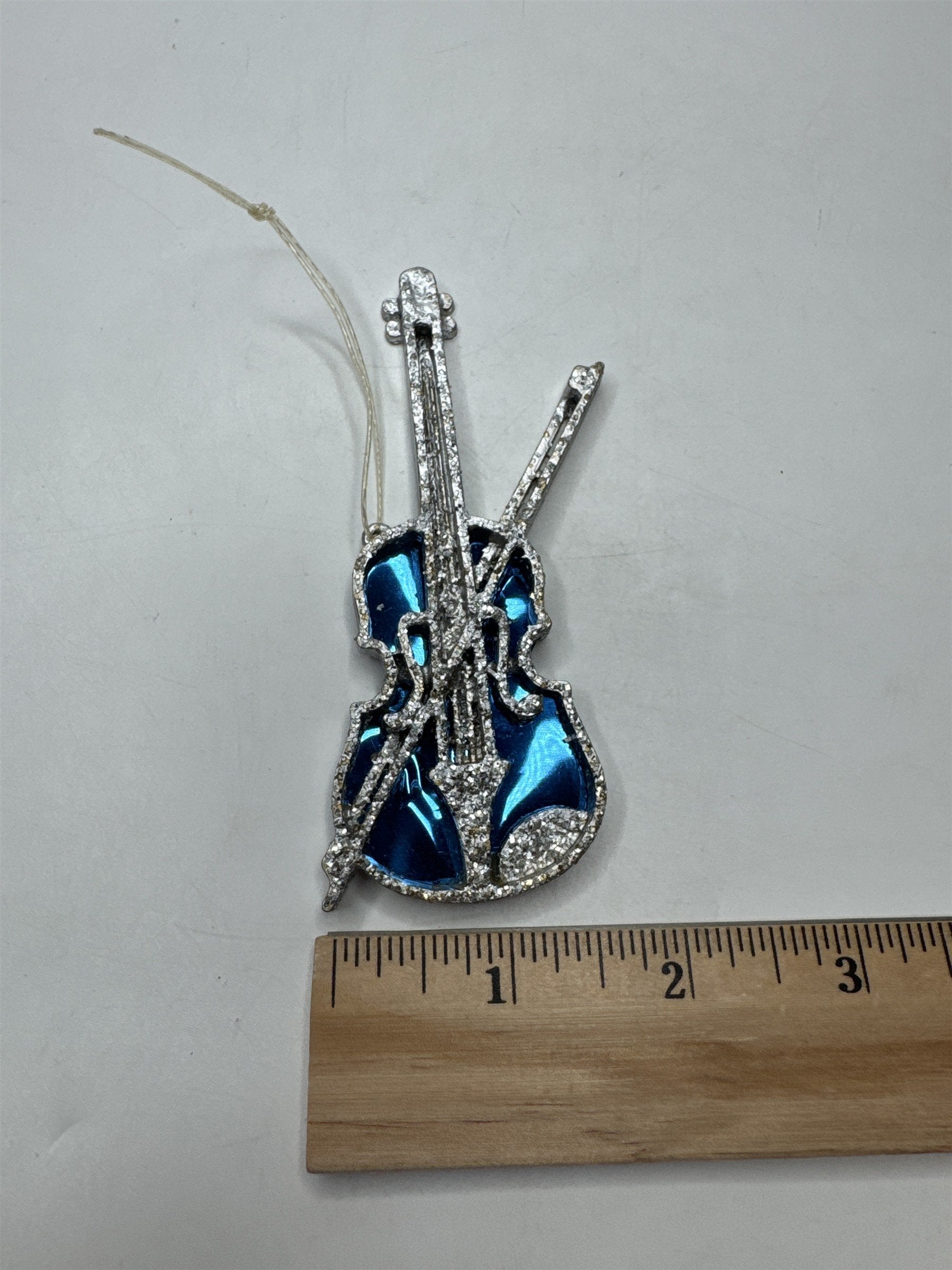 Vintage Blue Foil Violin Fiddle Ornament Glitter Musical Figural