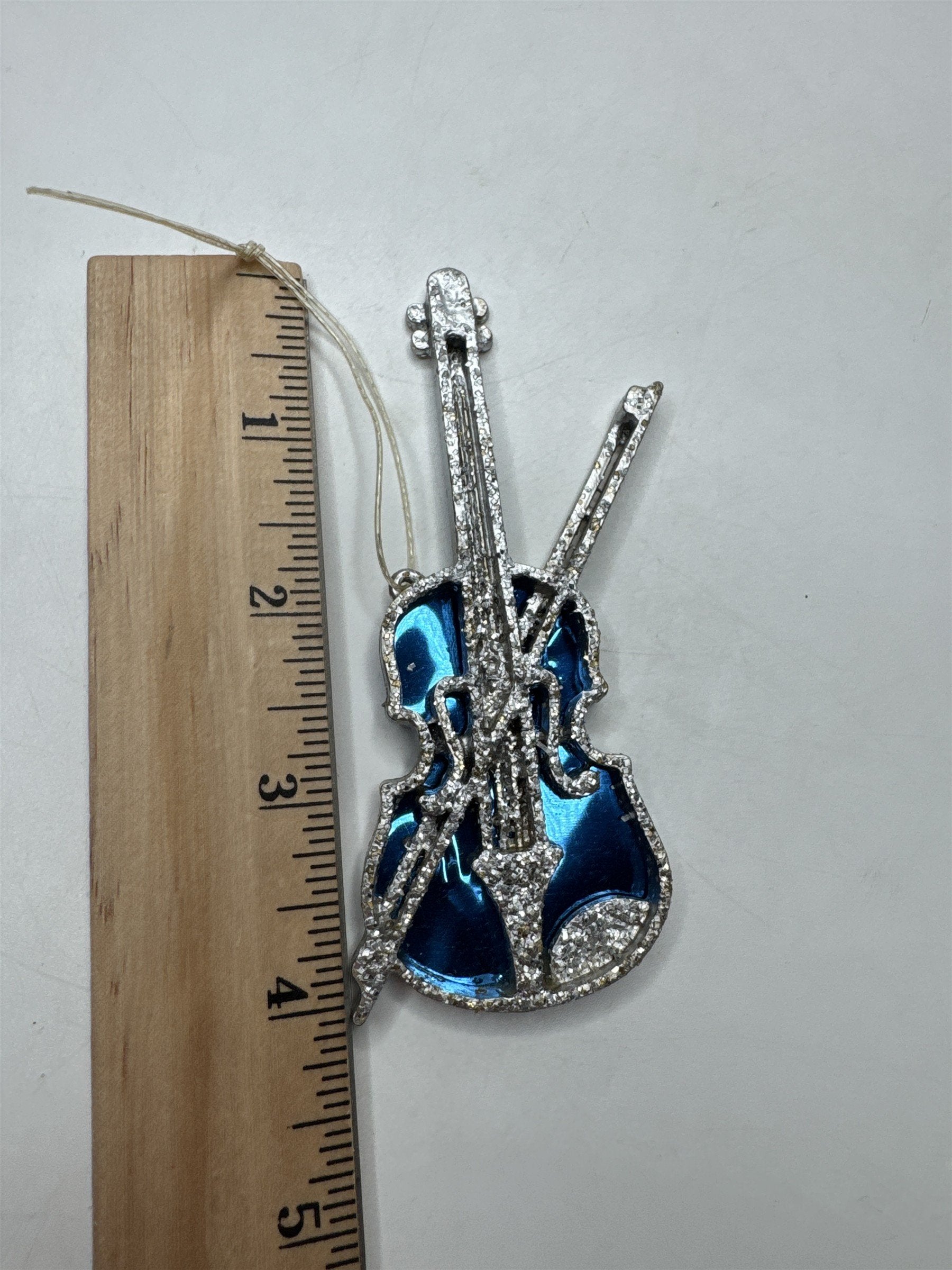 Vintage Blue Foil Violin Fiddle Ornament Glitter Musical Figural