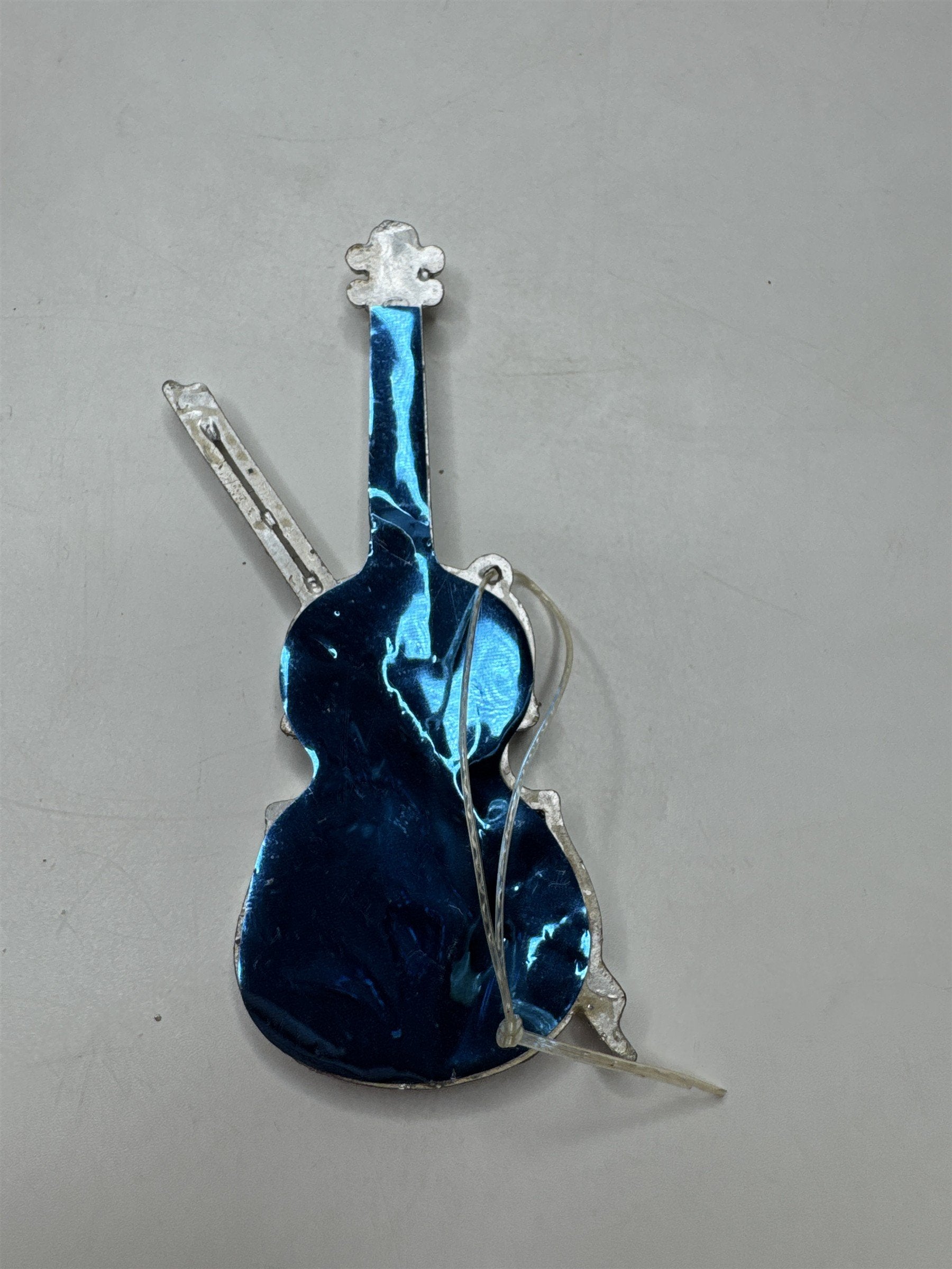 Vintage Blue Foil Violin Fiddle Ornament Glitter Musical Figural