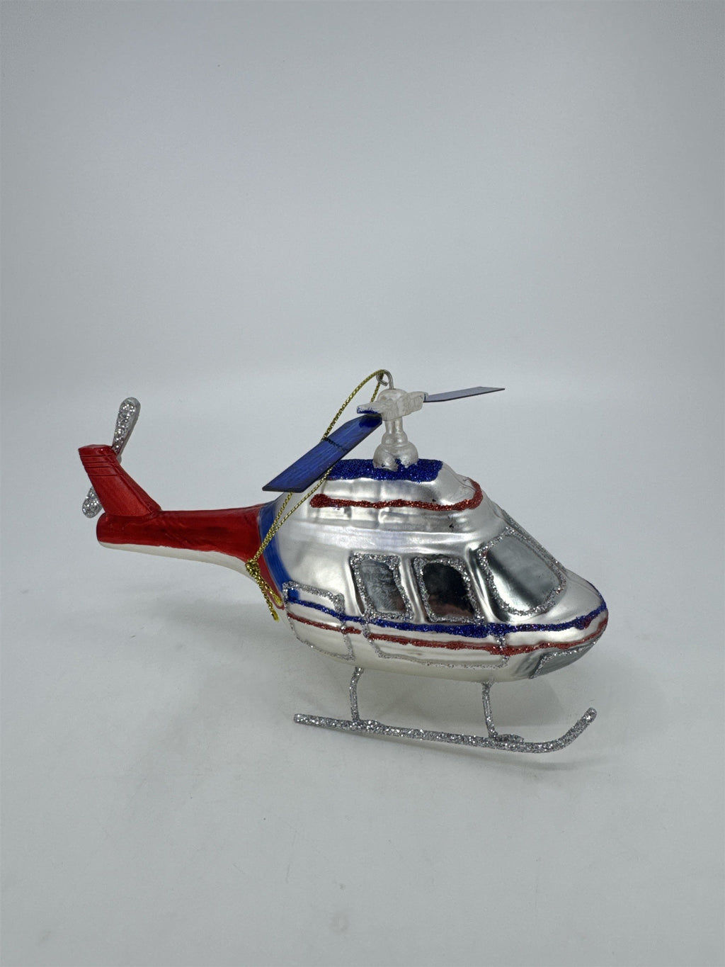 Retro Silver, Red And Blue Blown Glass Aviation Helicopter Christmas Ornament