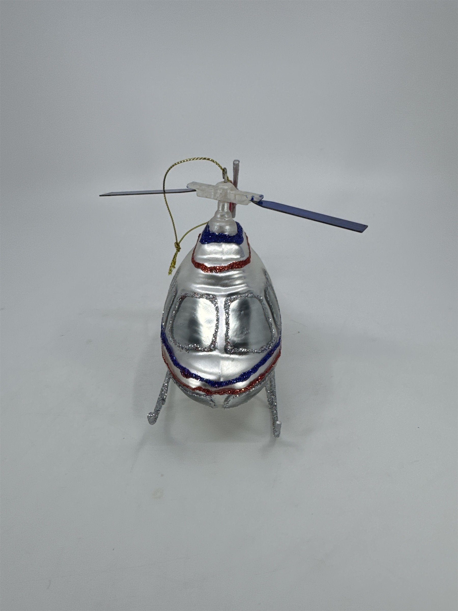 Retro Silver, Red And Blue Blown Glass Aviation Helicopter Christmas Ornament