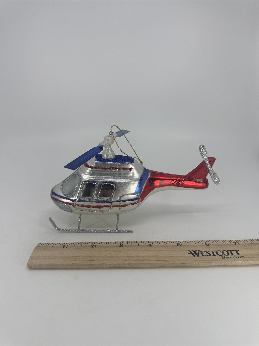 Retro Silver, Red And Blue Blown Glass Aviation Helicopter Christmas Ornament