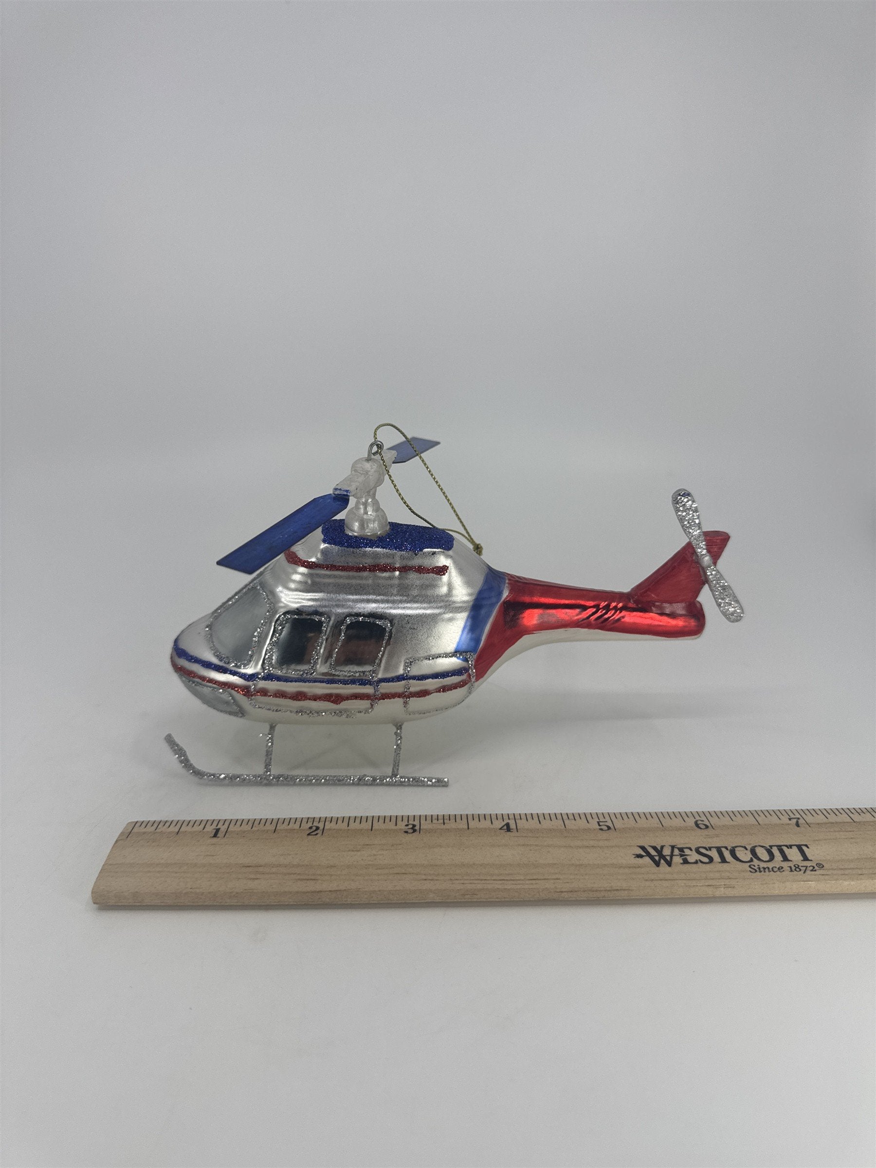 Retro Silver, Red And Blue Blown Glass Aviation Helicopter Christmas Ornament