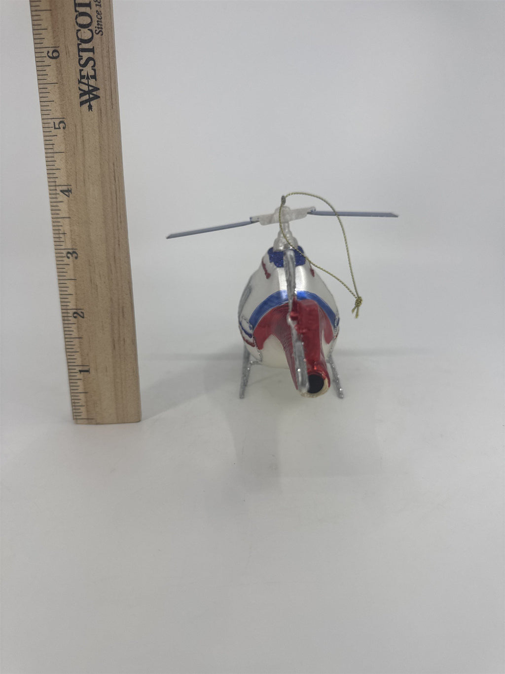 Retro Silver, Red And Blue Blown Glass Aviation Helicopter Christmas Ornament