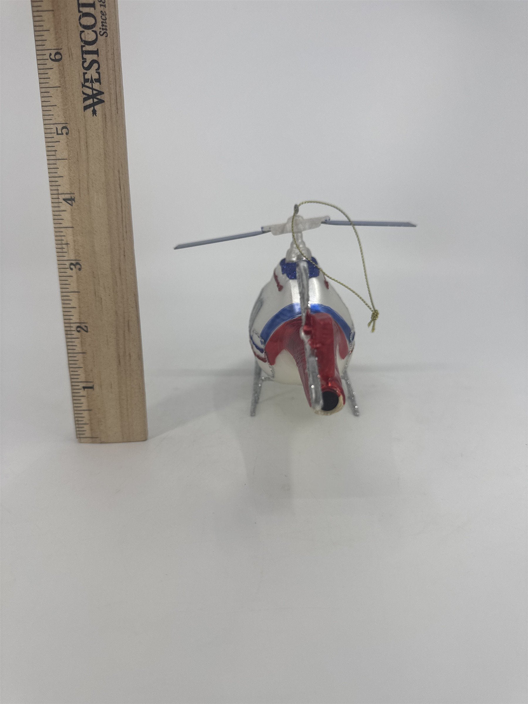 Retro Silver, Red And Blue Blown Glass Aviation Helicopter Christmas Ornament