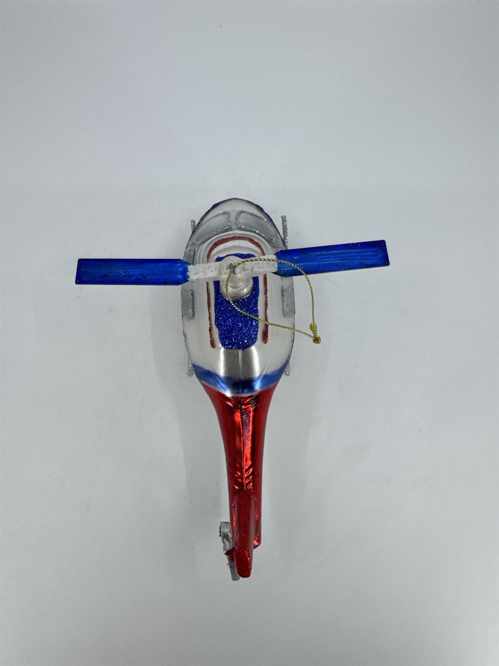 Retro Silver, Red And Blue Blown Glass Aviation Helicopter Christmas Ornament