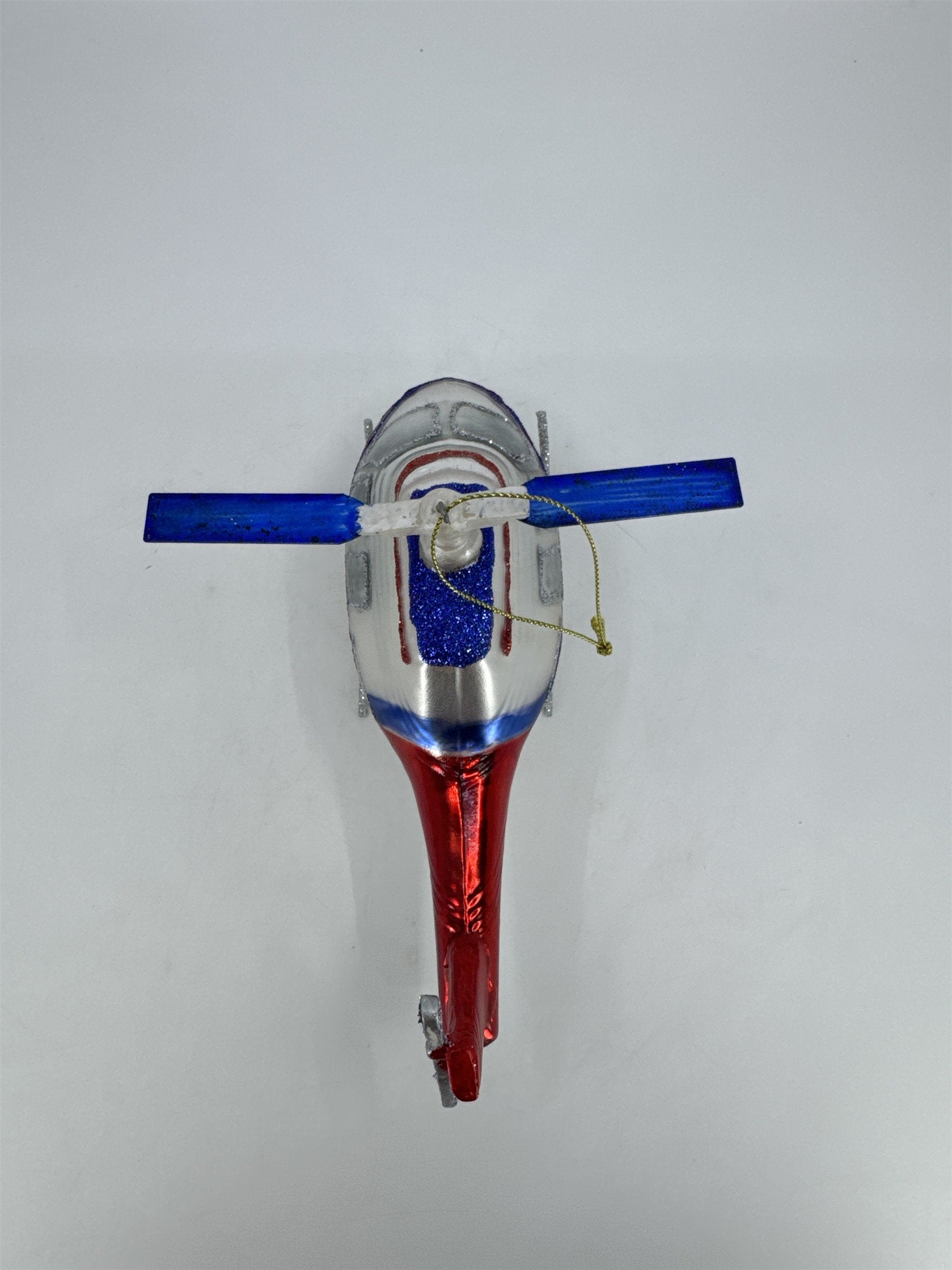 Retro Silver, Red And Blue Blown Glass Aviation Helicopter Christmas Ornament