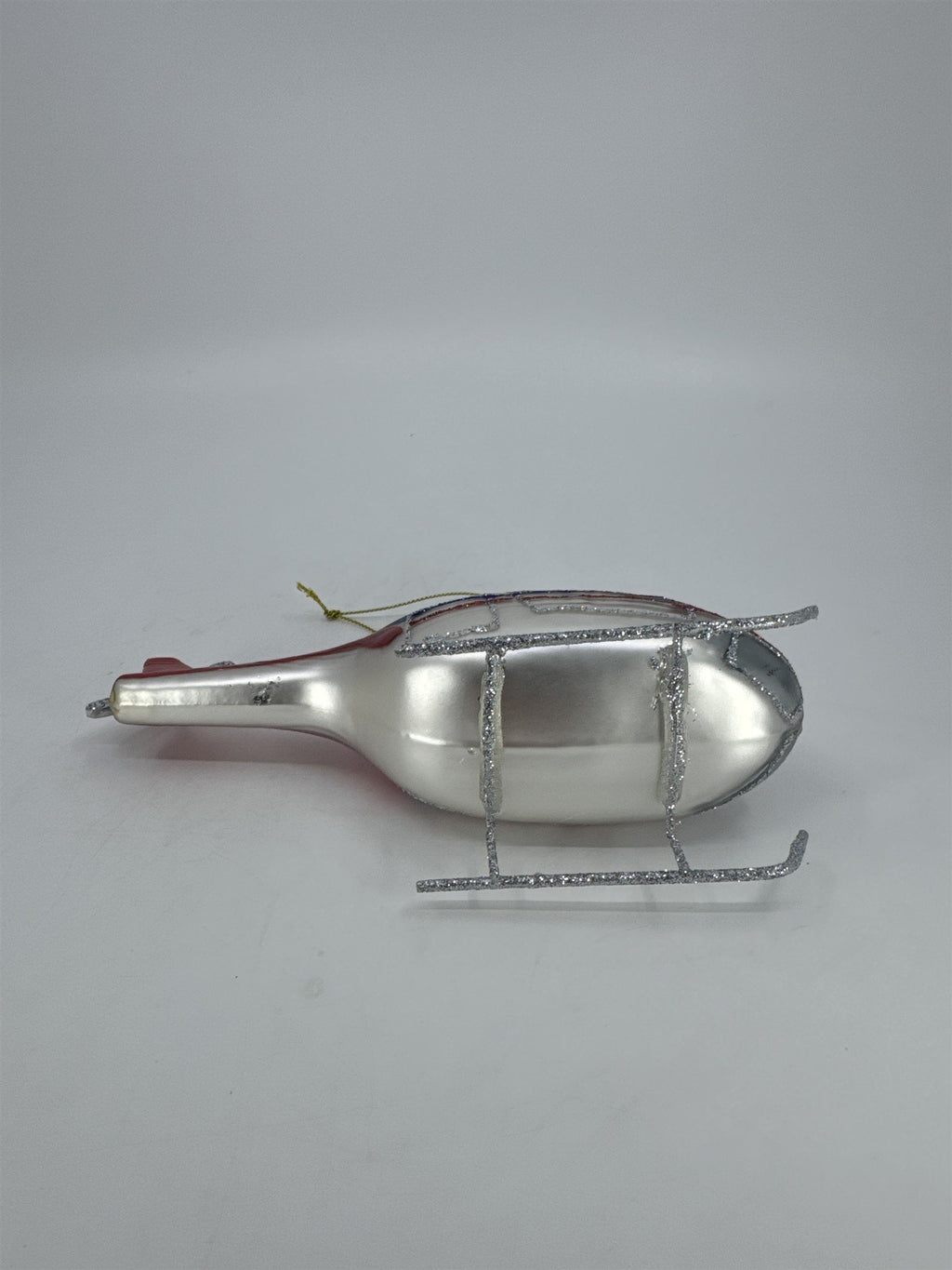 Retro Silver, Red And Blue Blown Glass Aviation Helicopter Christmas Ornament