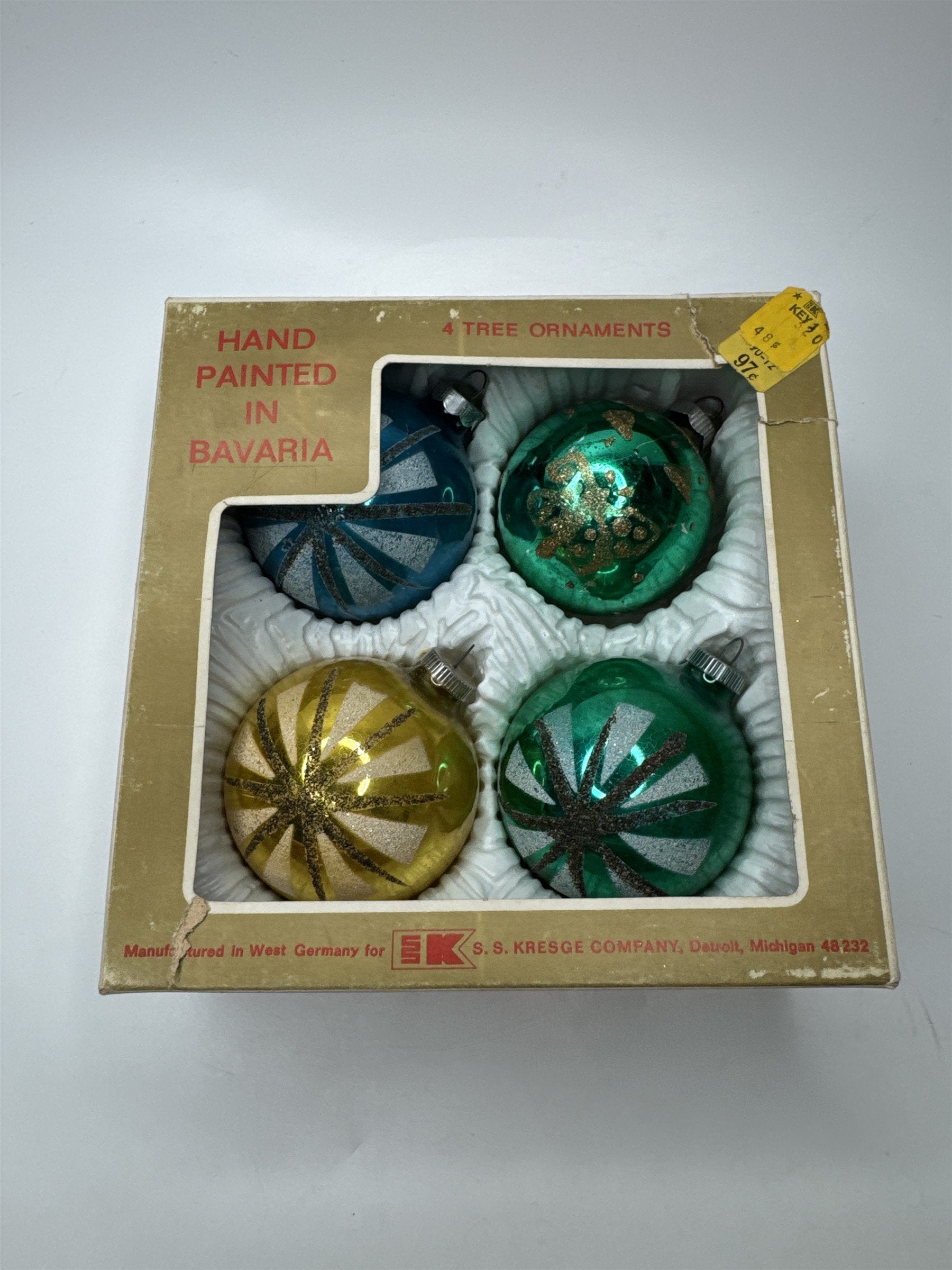 Set 4 Vintage West Germany Glitter Glass Starburst Kresge Christmas Crazing