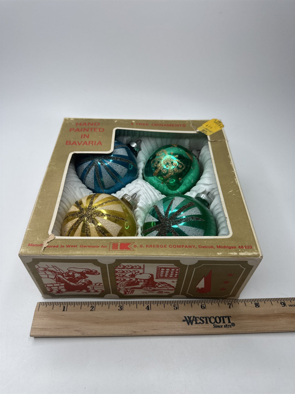 Set 4 Vintage West Germany Glitter Glass Starburst Kresge Christmas Crazing