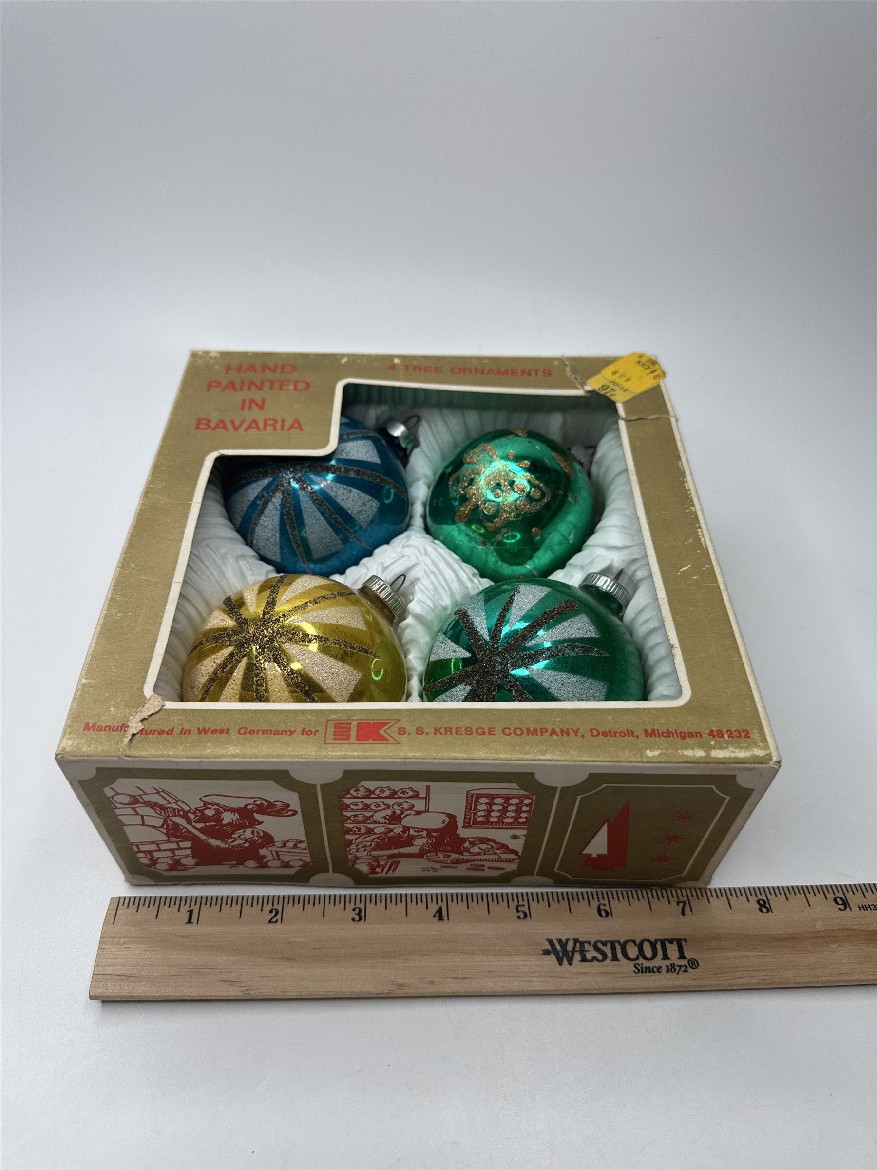 Set 4 Vintage West Germany Glitter Glass Starburst Kresge Christmas Crazing