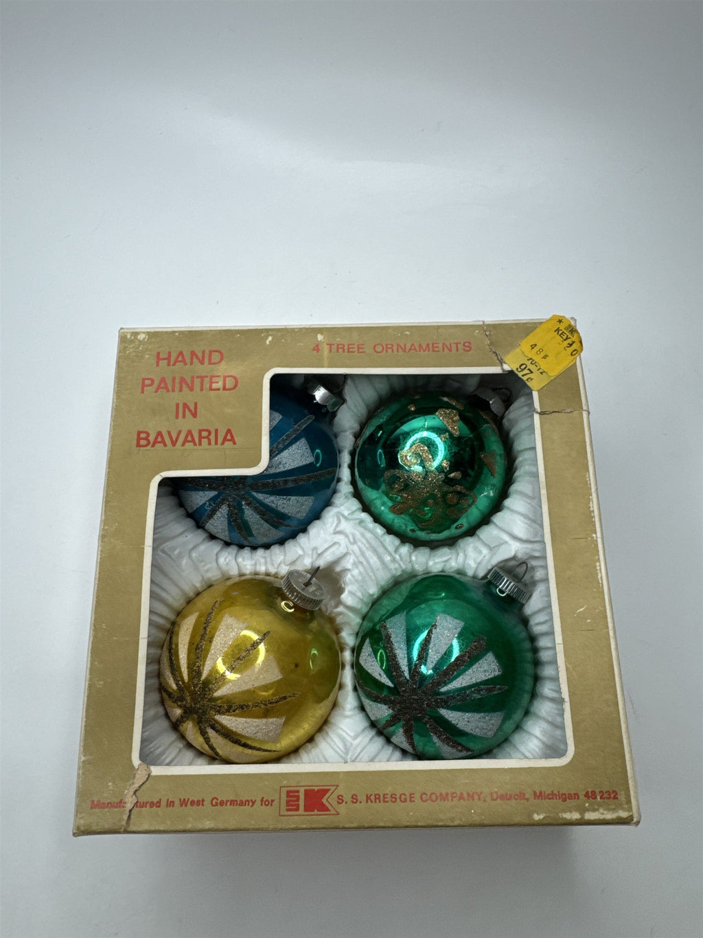 Set 4 Vintage West Germany Glitter Glass Starburst Kresge Christmas Crazing
