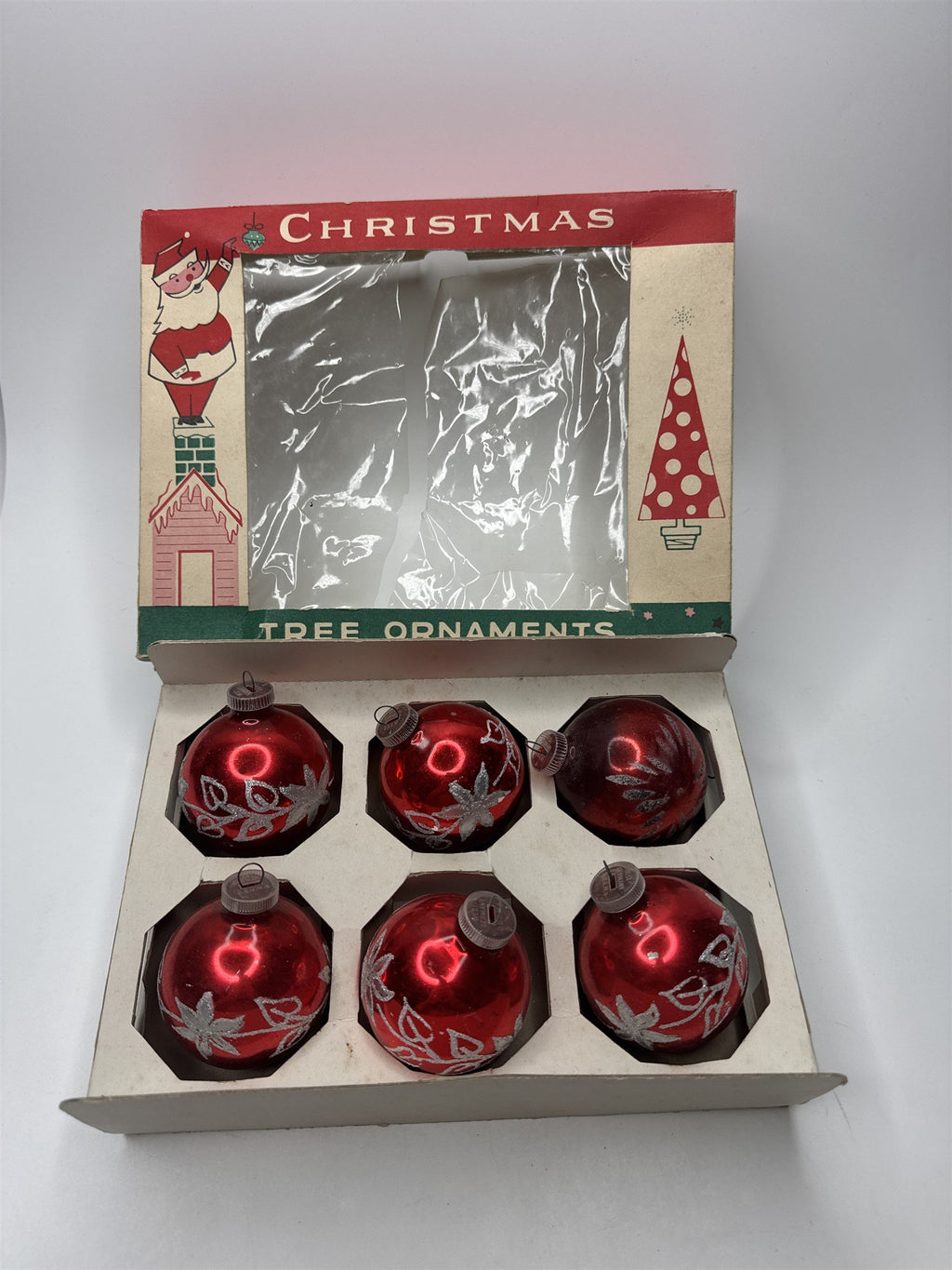 Set 6 Vintage West Germany Red Glass Ball Ornaments Stenciled Silver Scratches