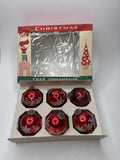 Set 6 Vintage West Germany Red Glass Ball Ornaments Stenciled Silver Scratches