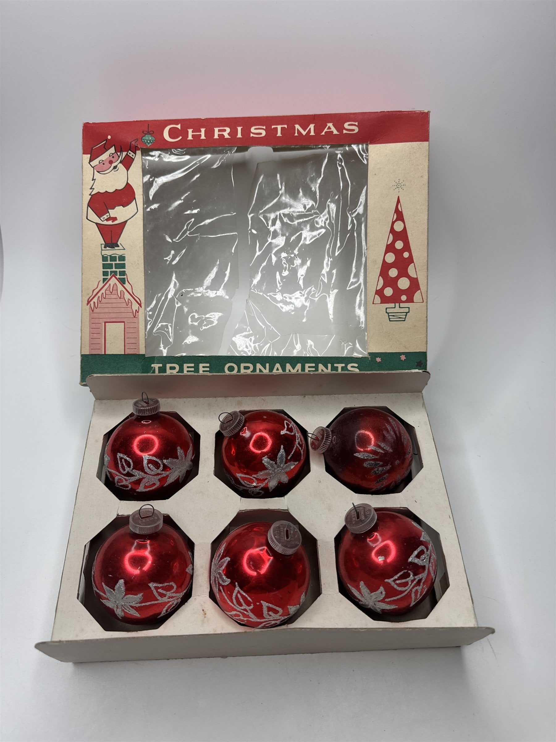 Set 6 Vintage West Germany Red Glass Ball Ornaments Stenciled Silver Scratches