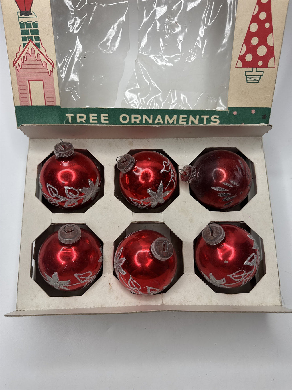 Set 6 Vintage West Germany Red Glass Ball Ornaments Stenciled Silver Scratches