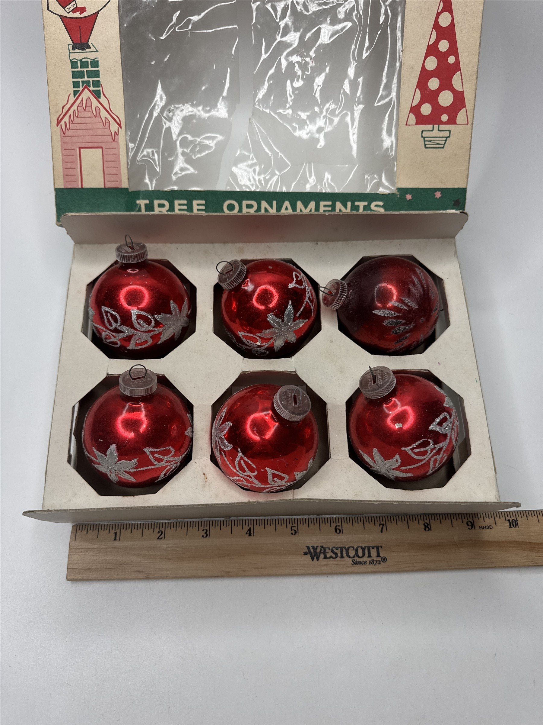Set 6 Vintage West Germany Red Glass Ball Ornaments Stenciled Silver Scratches