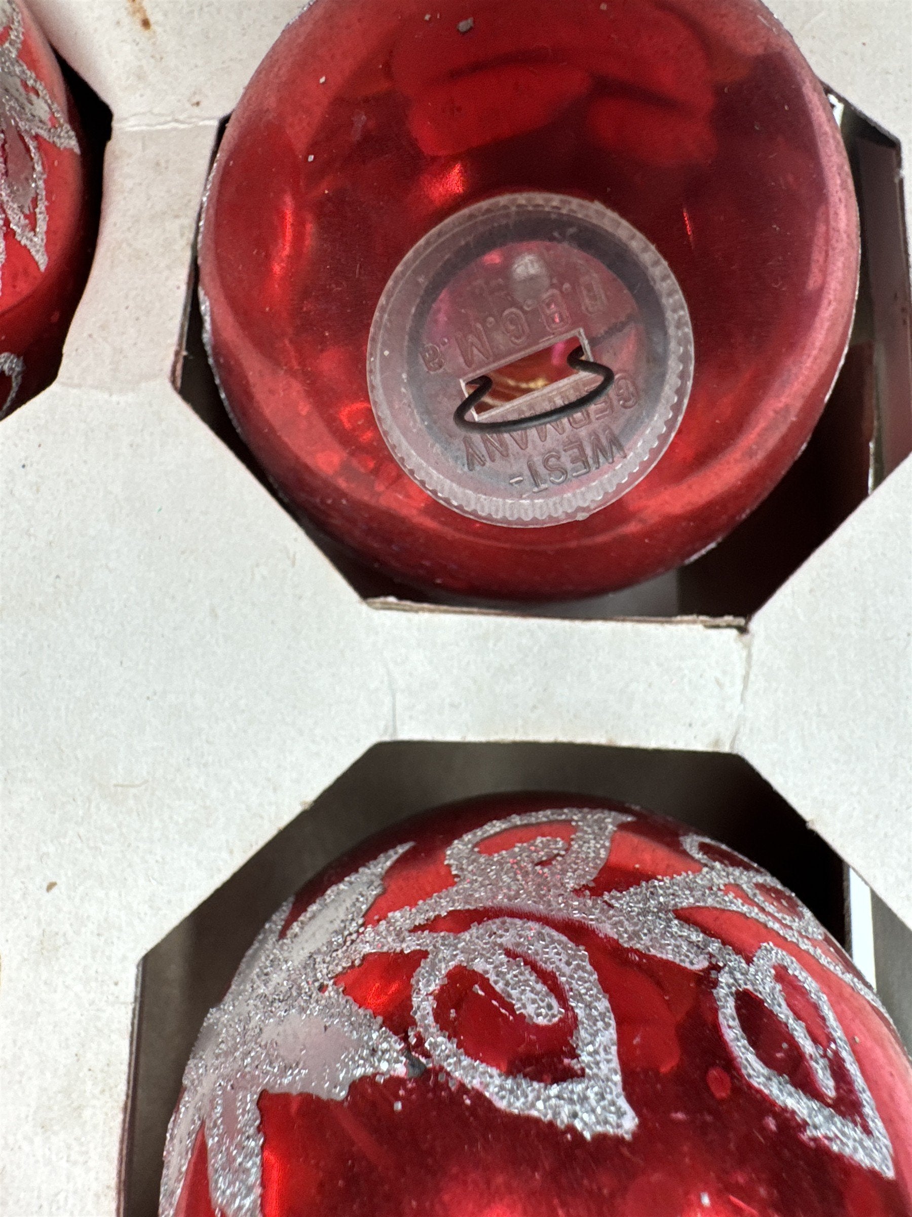 Set 6 Vintage West Germany Red Glass Ball Ornaments Stenciled Silver Scratches