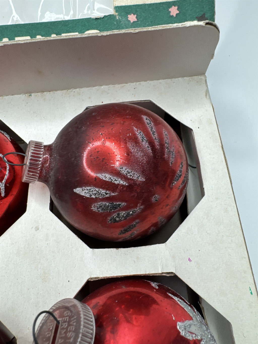 Set 6 Vintage West Germany Red Glass Ball Ornaments Stenciled Silver Scratches