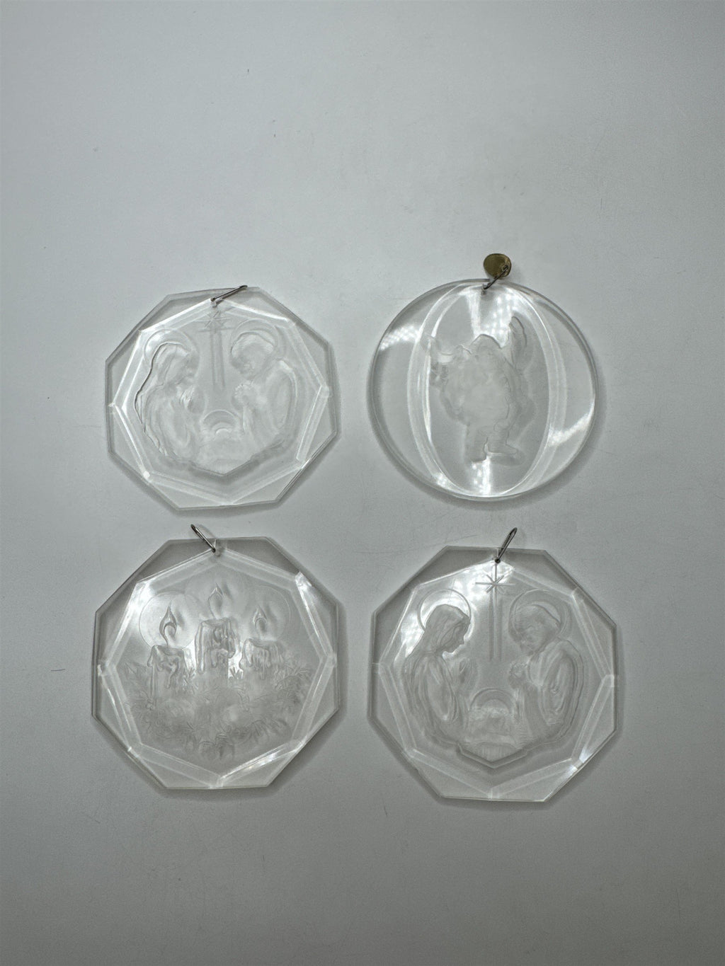 Vintage Set 4 Acrylic Nativity Santa Ornaments Engraved Octagon