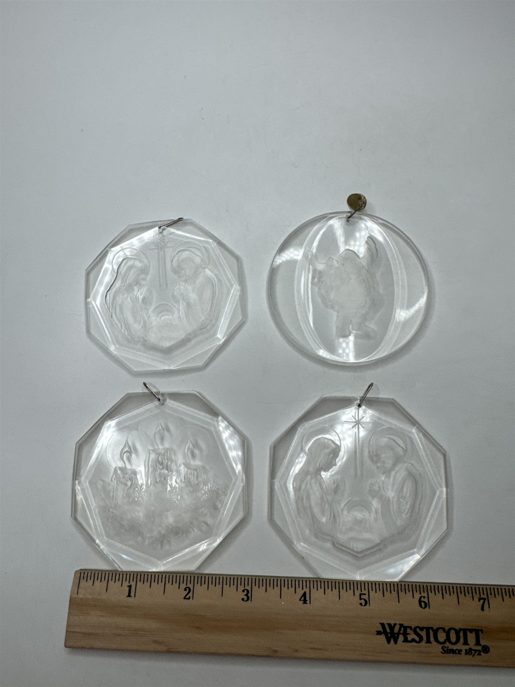 Vintage Set 4 Acrylic Nativity Santa Ornaments Engraved Octagon