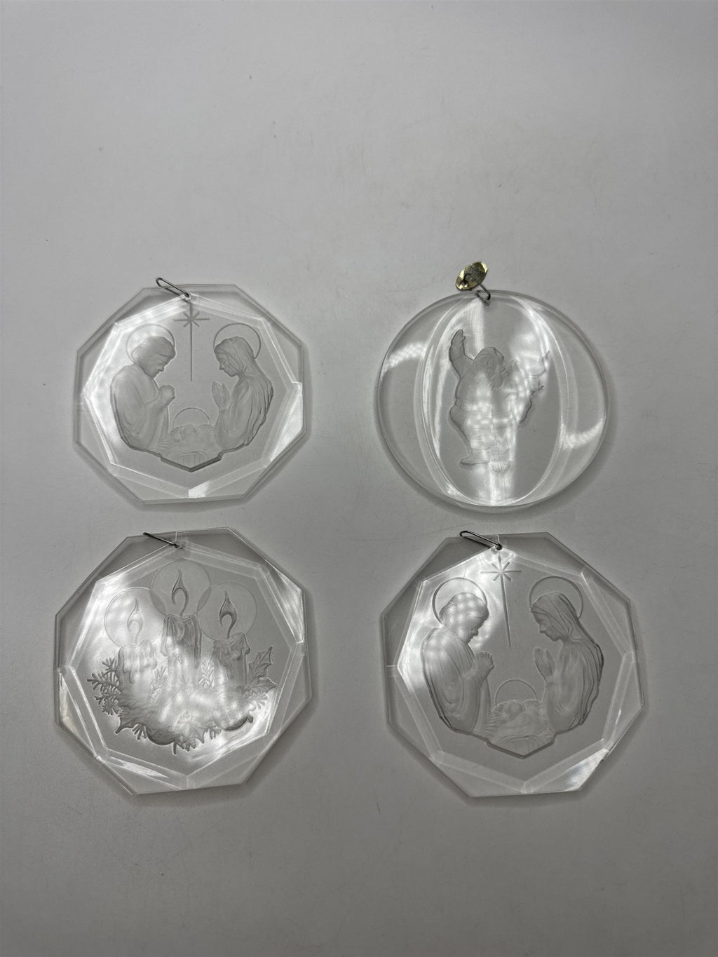 Vintage Set 4 Acrylic Nativity Santa Ornaments Engraved Octagon