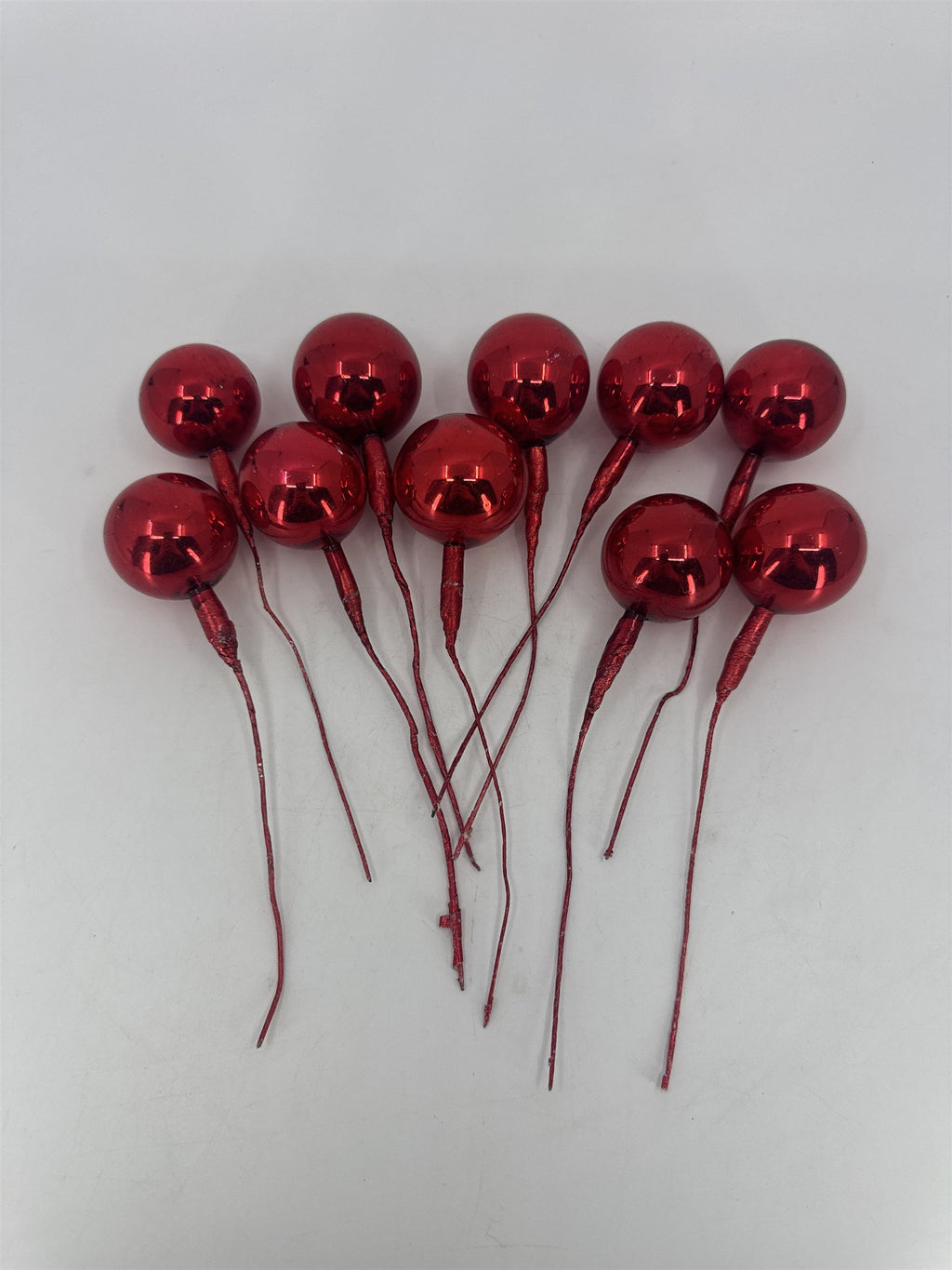 Set Of 10 Red Vintage Christmas Mercury Glass Ball Ornament Wired Picks