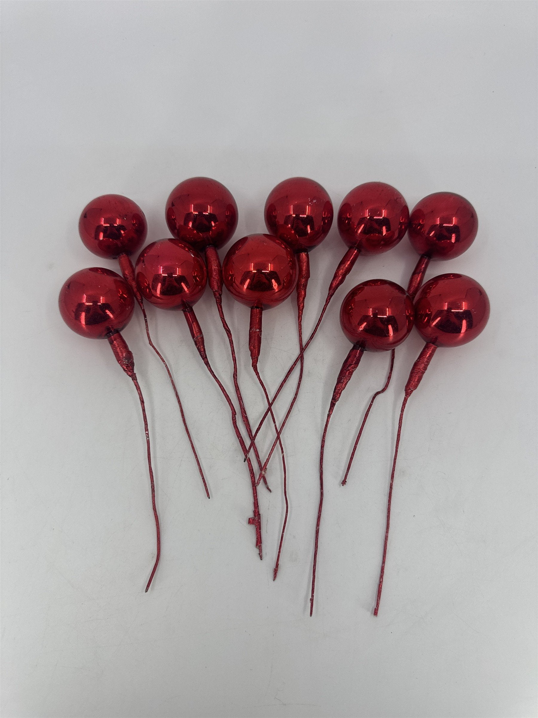 Set Of 10 Red Vintage Christmas Mercury Glass Ball Ornament Wired Picks
