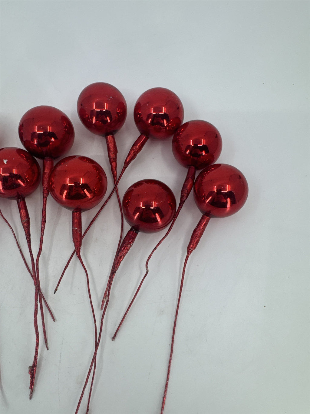 Set Of 10 Red Vintage Christmas Mercury Glass Ball Ornament Wired Picks