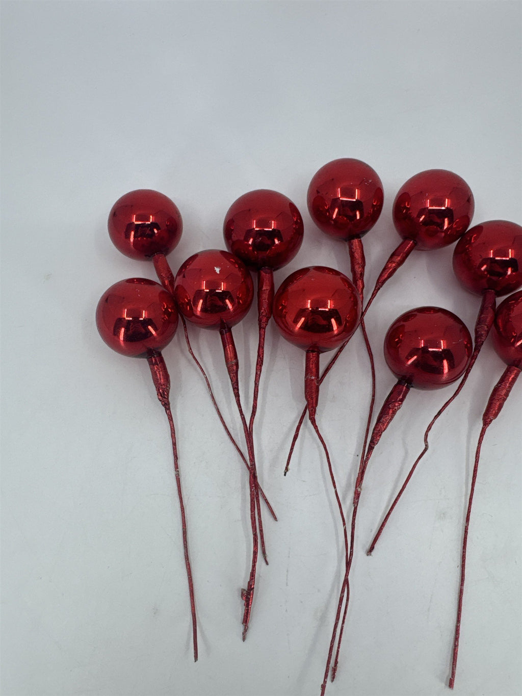 Set Of 10 Red Vintage Christmas Mercury Glass Ball Ornament Wired Picks