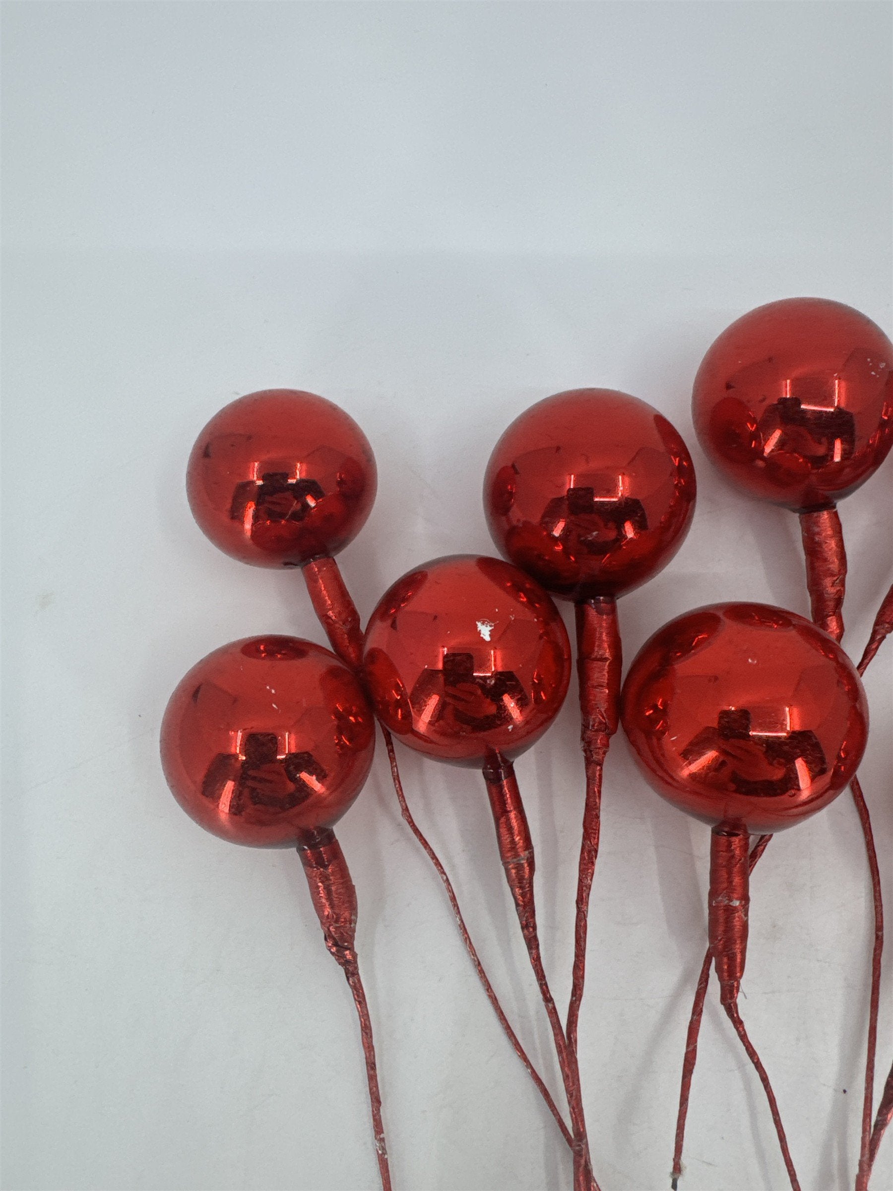 Set Of 10 Red Vintage Christmas Mercury Glass Ball Ornament Wired Picks