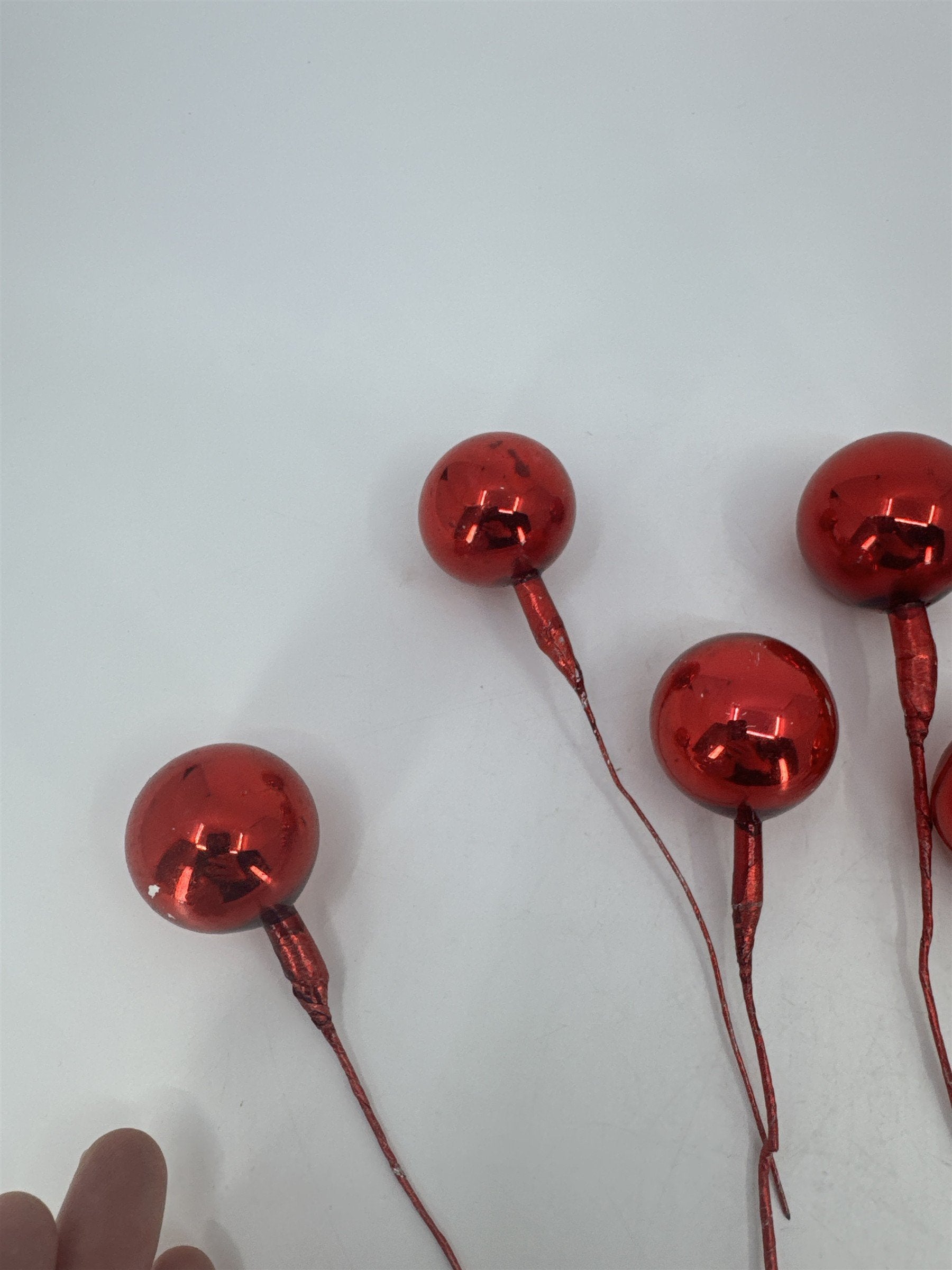 Set Of 10 Red Vintage Christmas Mercury Glass Ball Ornament Wired Picks