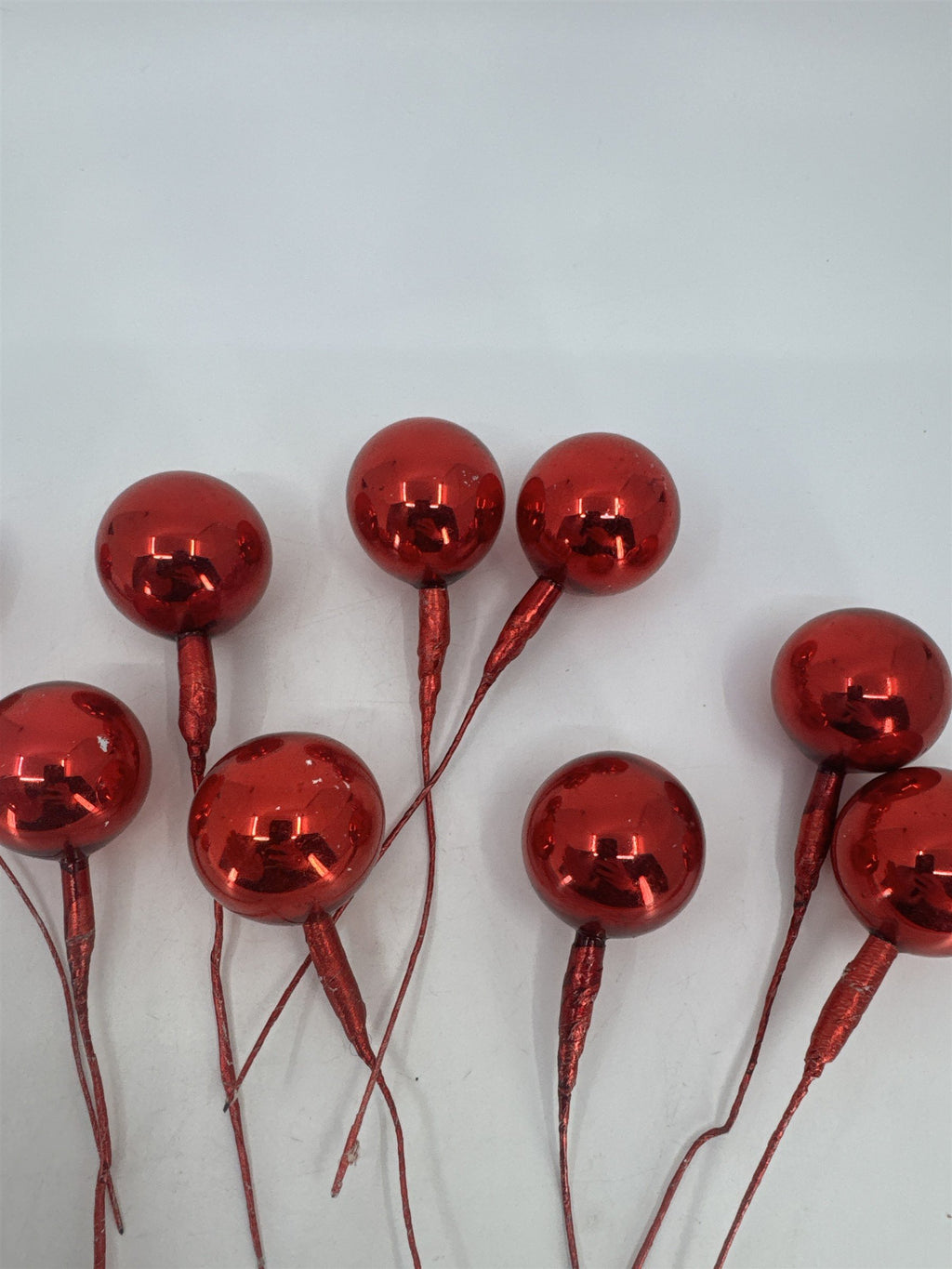 Set Of 10 Red Vintage Christmas Mercury Glass Ball Ornament Wired Picks