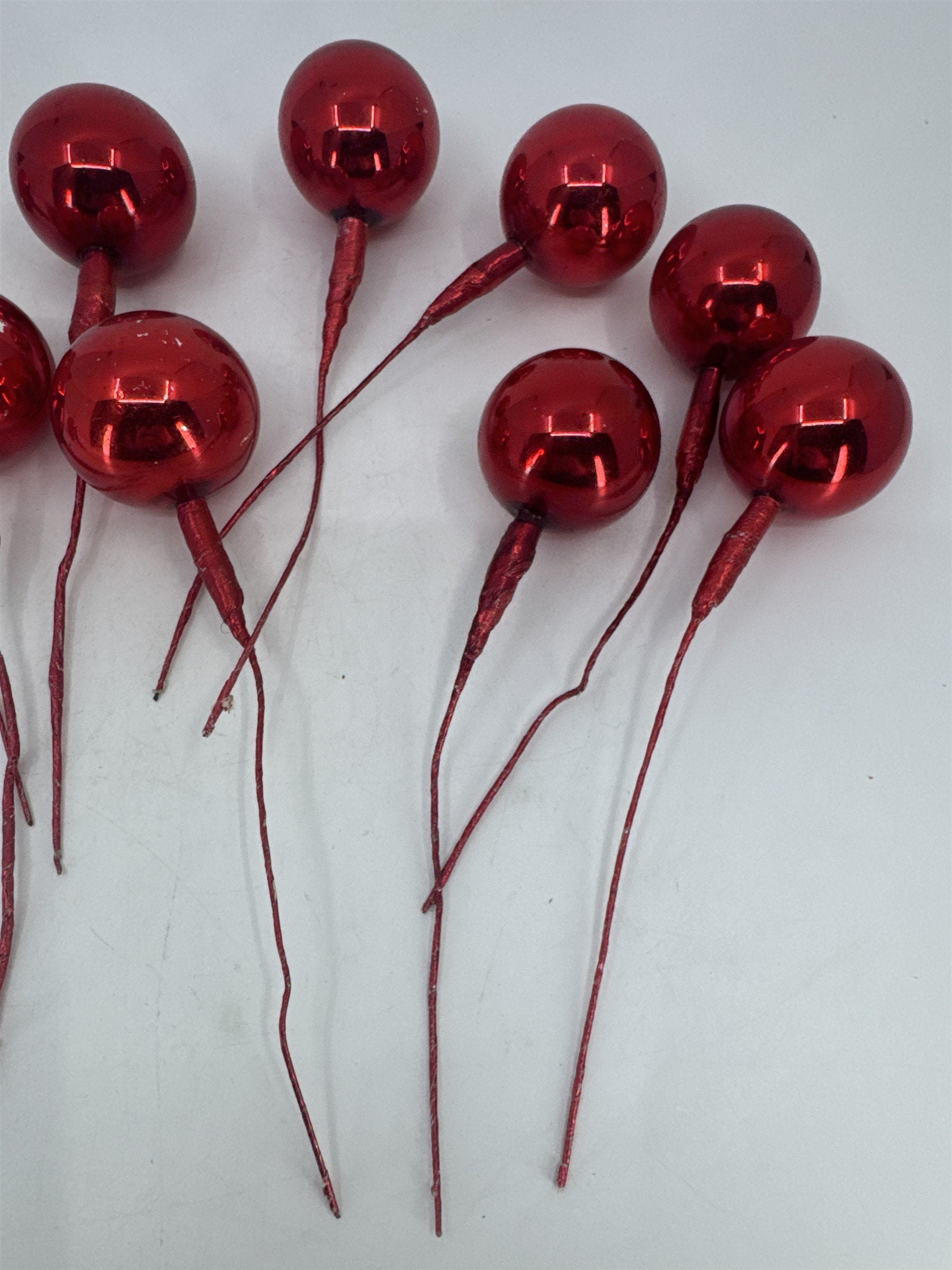 Set Of 10 Red Vintage Christmas Mercury Glass Ball Ornament Wired Picks