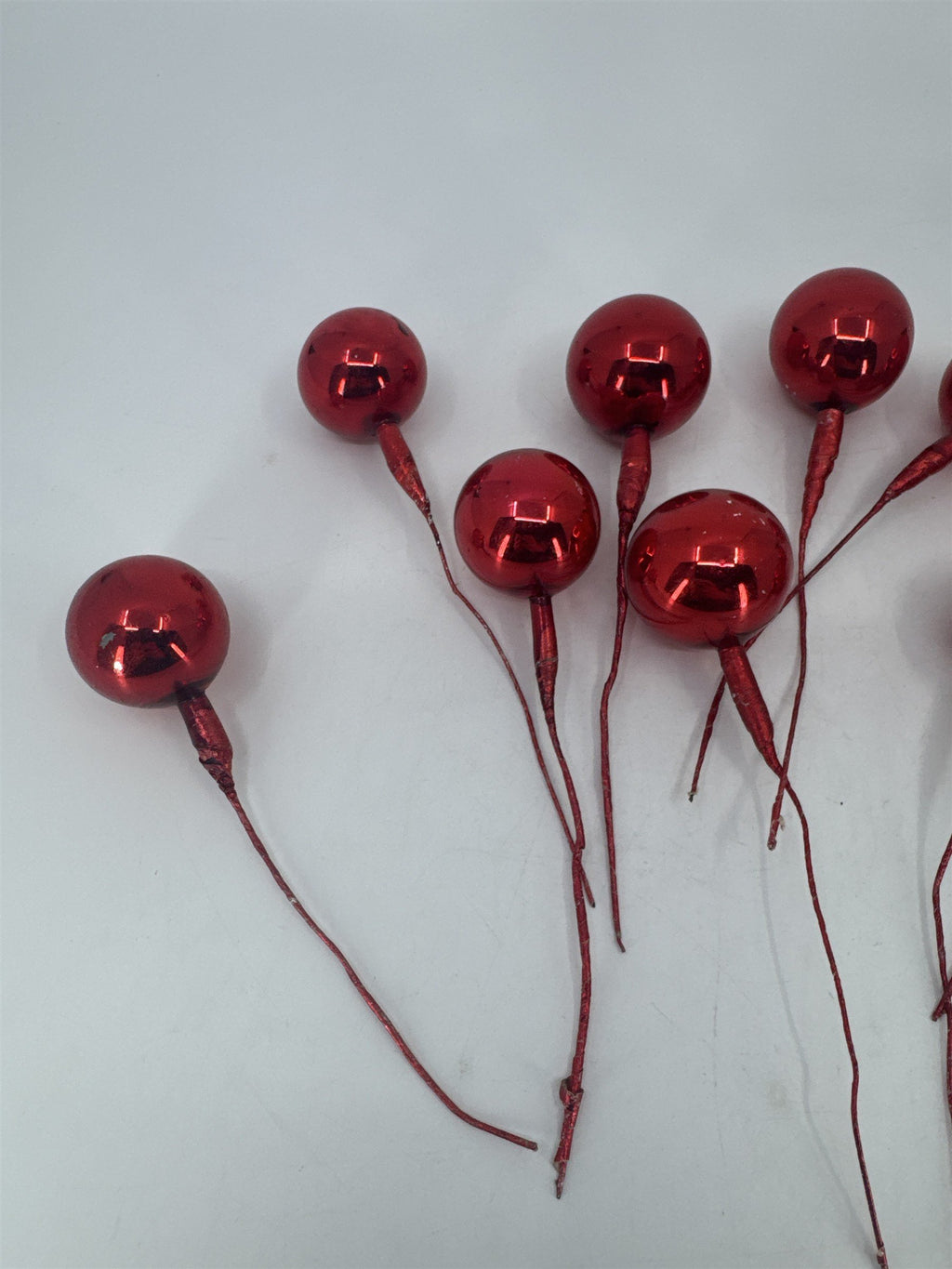 Set Of 10 Red Vintage Christmas Mercury Glass Ball Ornament Wired Picks