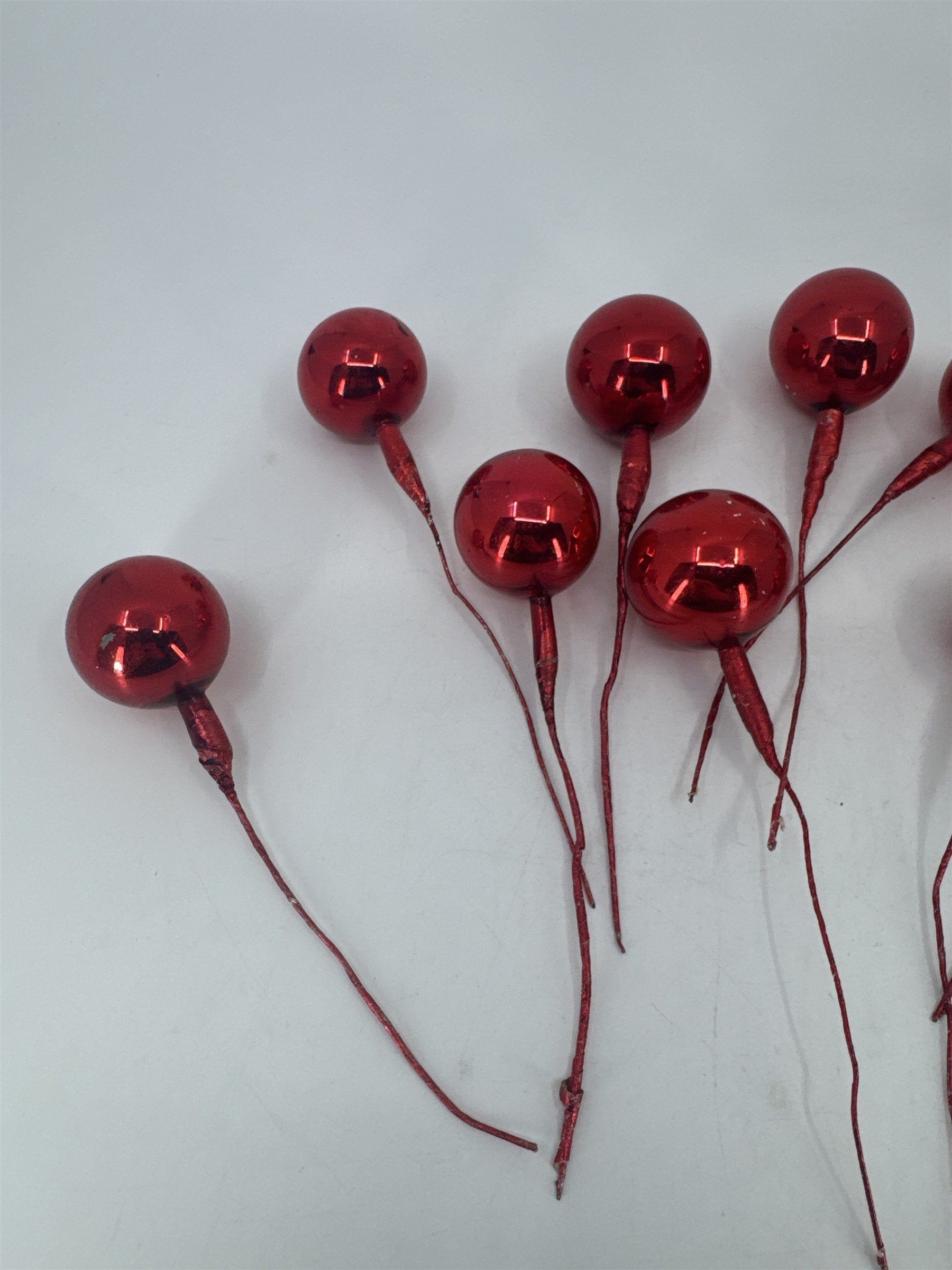Set Of 10 Red Vintage Christmas Mercury Glass Ball Ornament Wired Picks