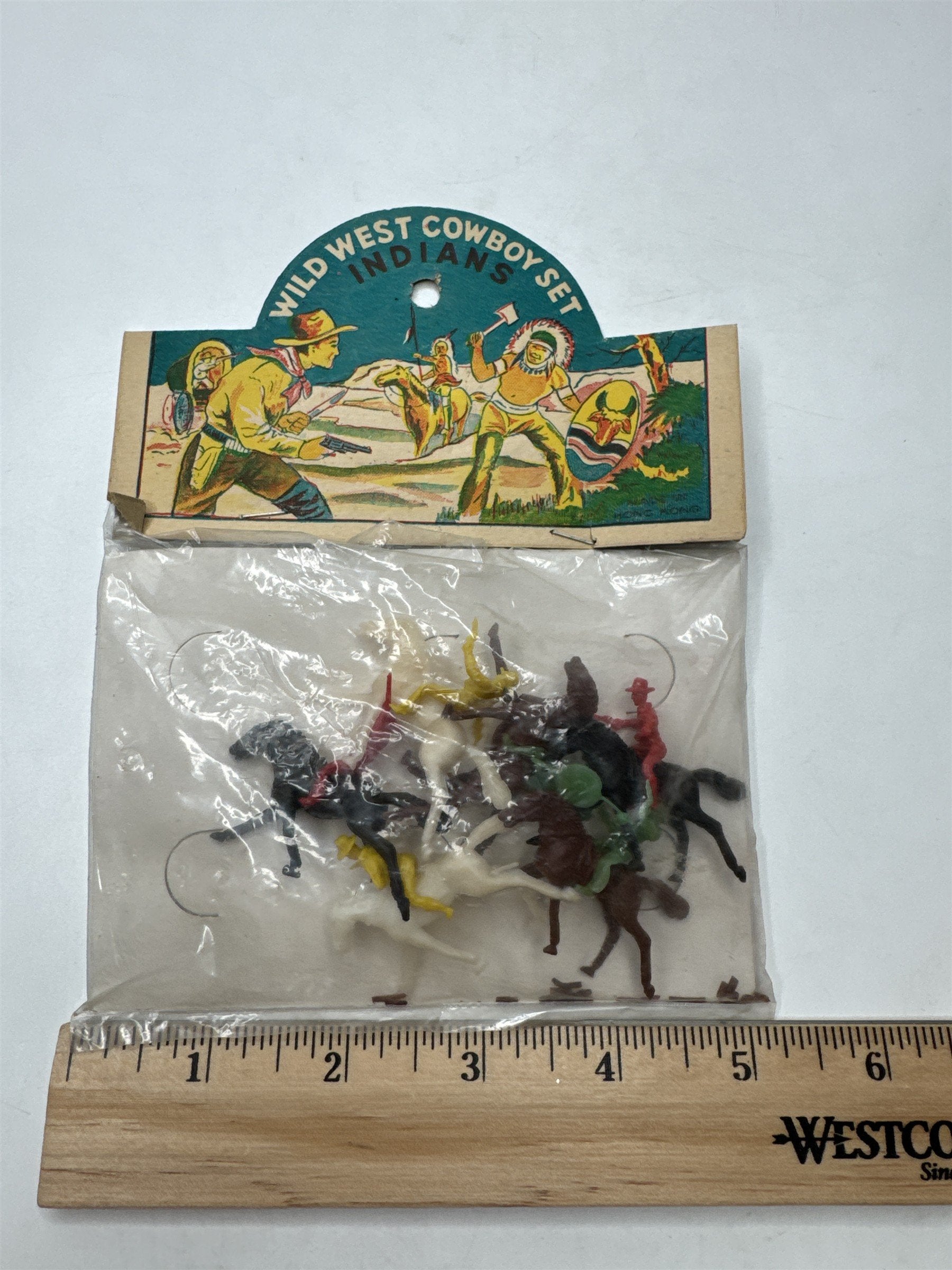 Vintage Hong Kong Wild West Cowboy Indians Miniatures Horses Set On Card NOS
