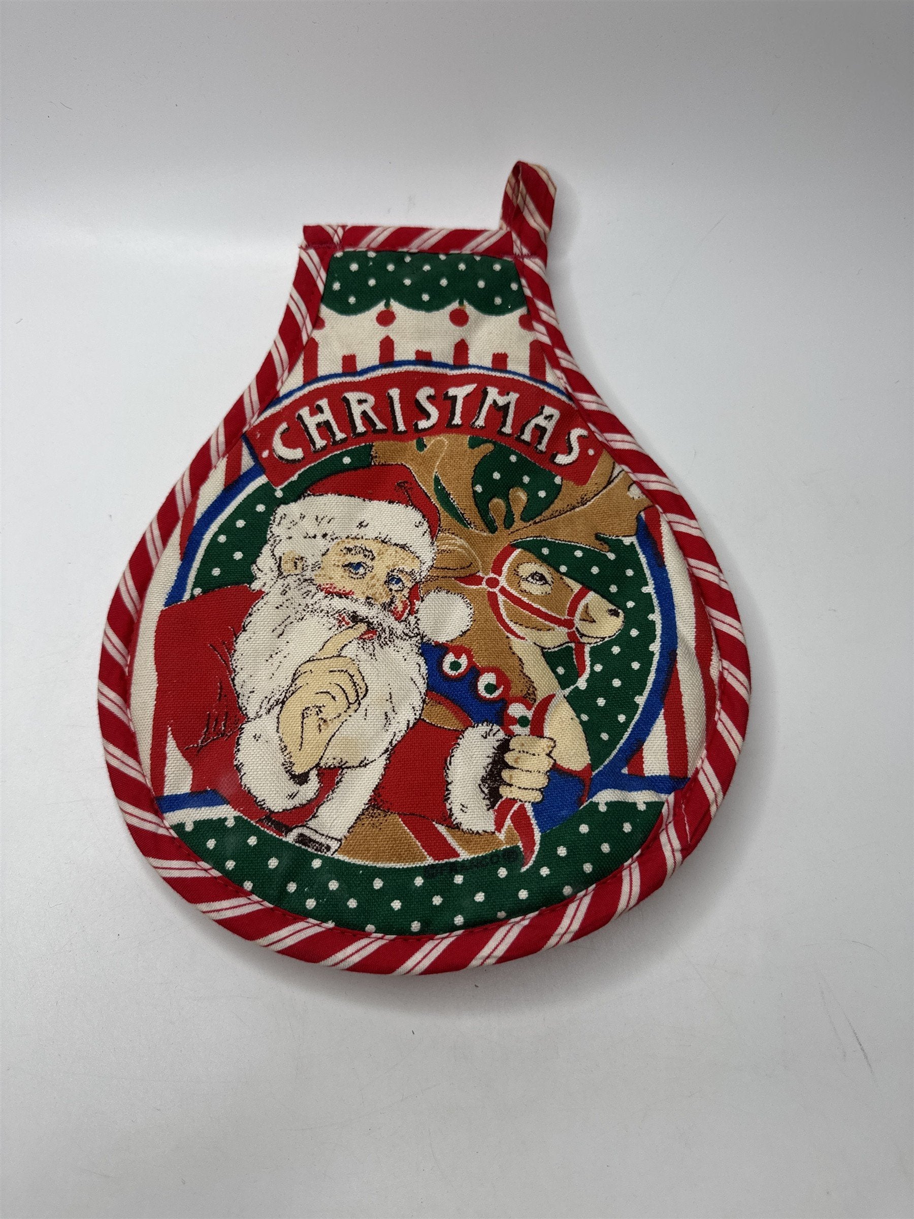 Vintage Fabric Hot Pad Potholder Santa Reindeer Christmas Candy Cane Trivet