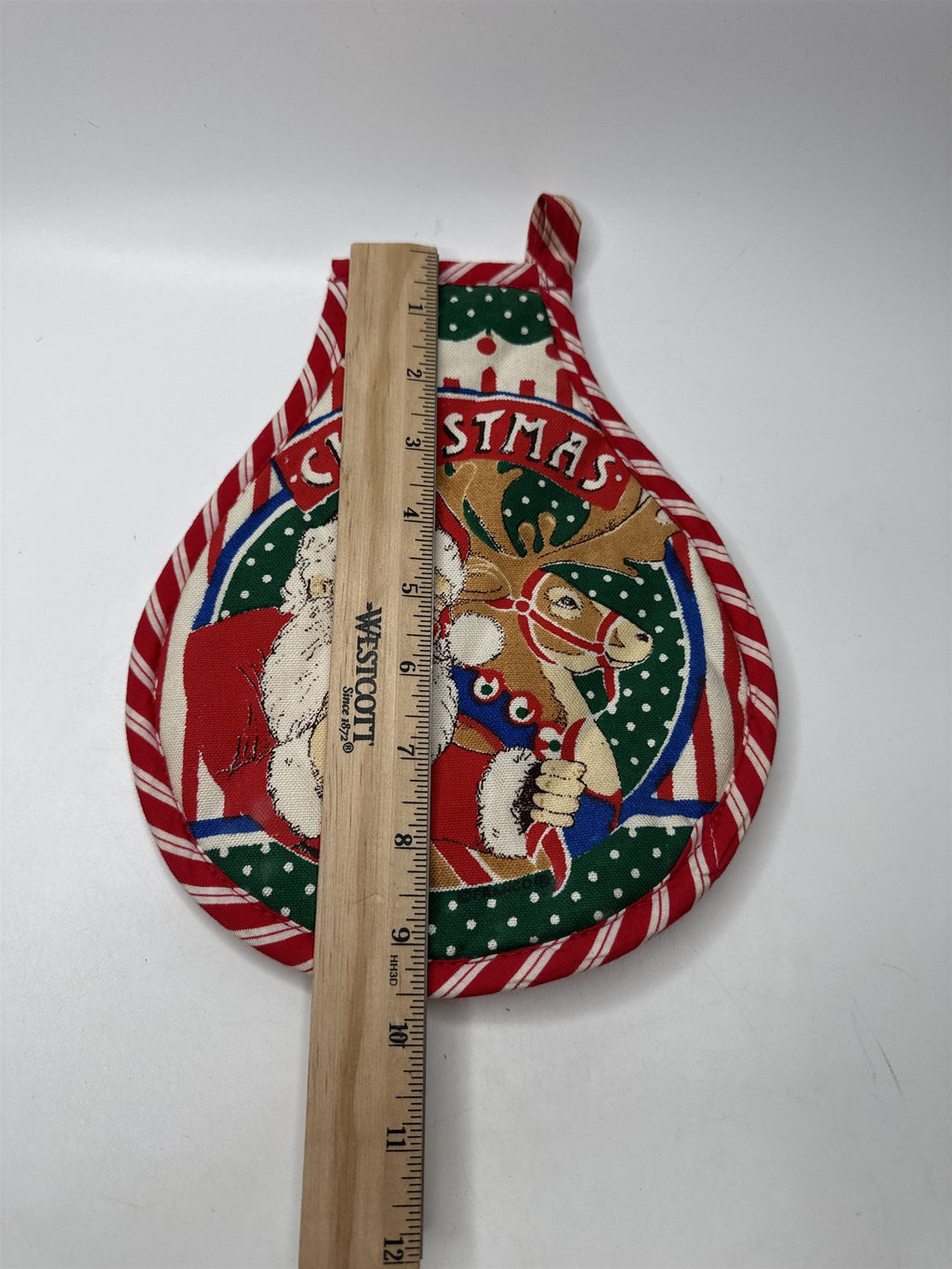 Vintage Fabric Hot Pad Potholder Santa Reindeer Christmas Candy Cane Trivet