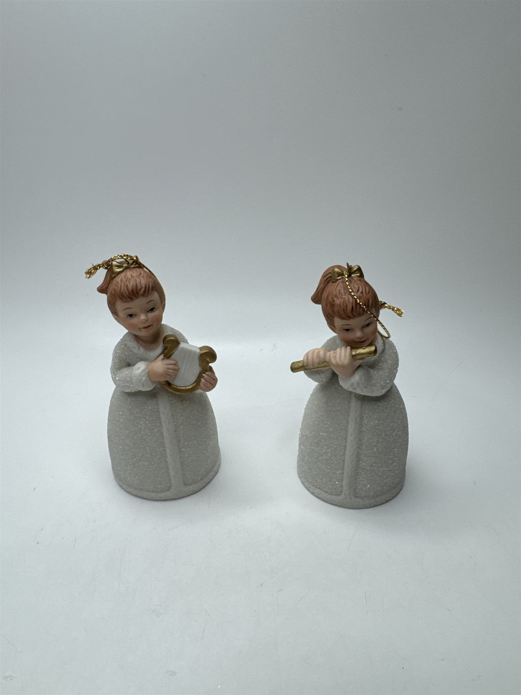 Vintage Homco Set 2 Angel Bells Figural Lyre Flute Porcelain Frosted Christmas