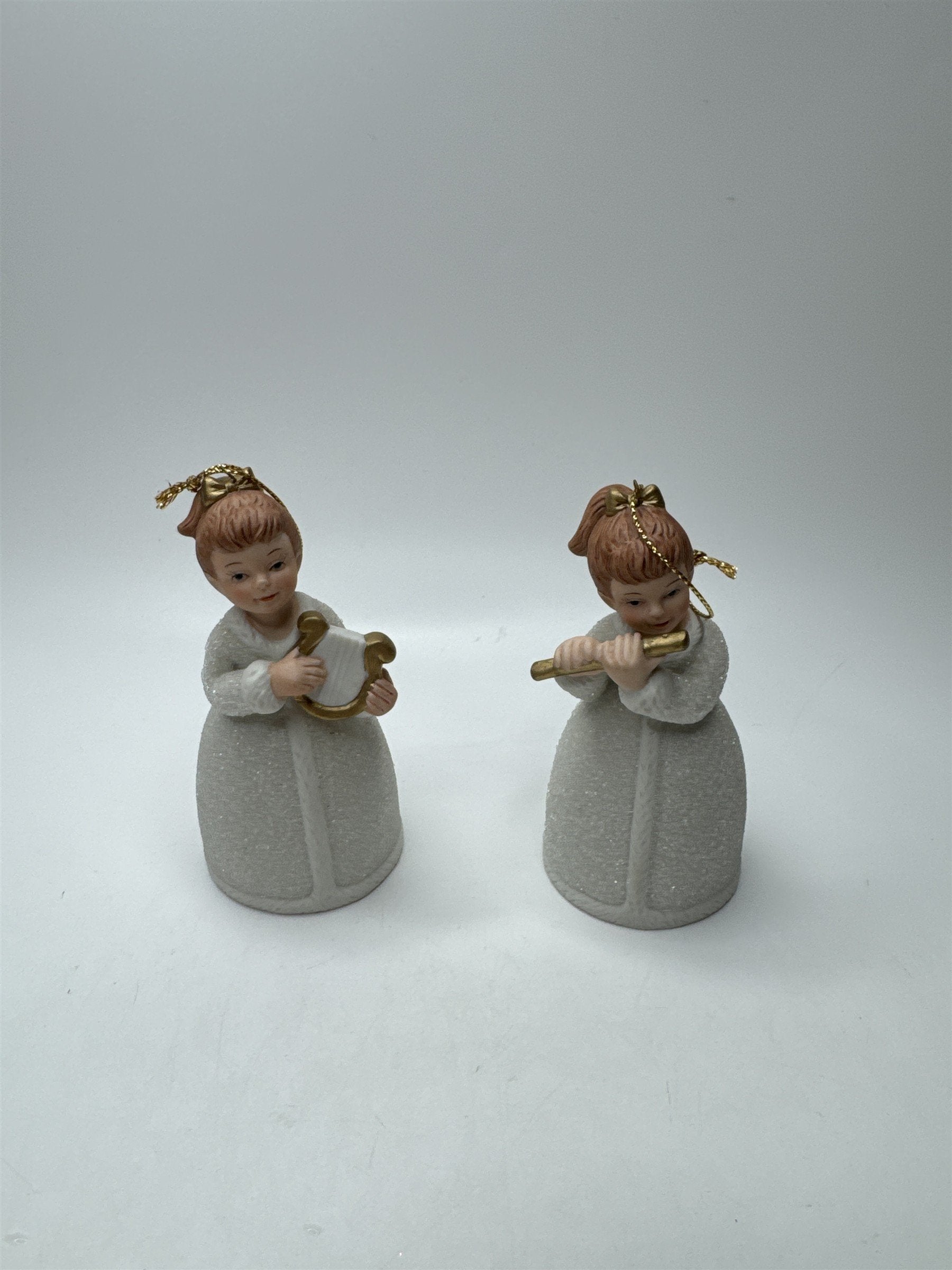 Vintage Homco Set 2 Angel Bells Figural Lyre Flute Porcelain Frosted Christmas