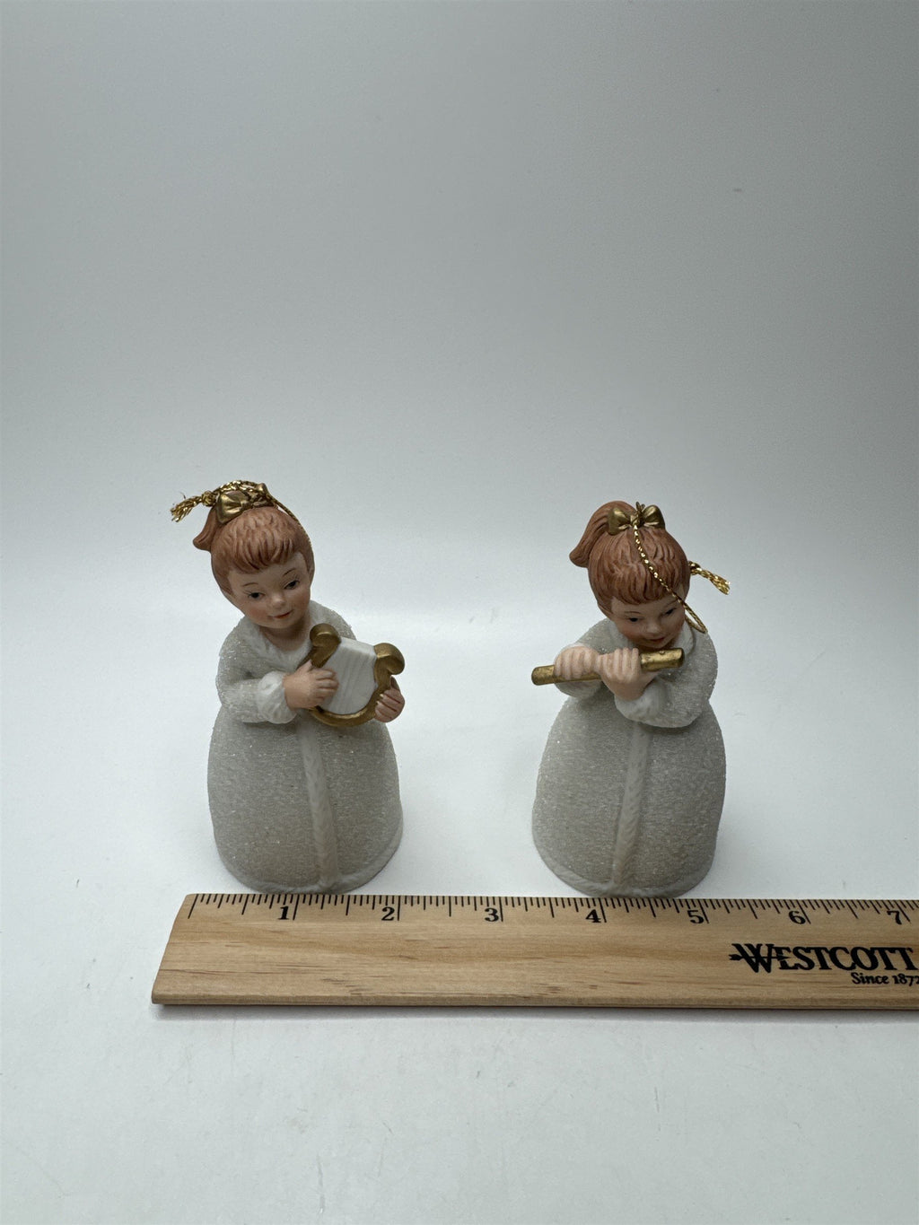 Vintage Homco Set 2 Angel Bells Figural Lyre Flute Porcelain Frosted Christmas
