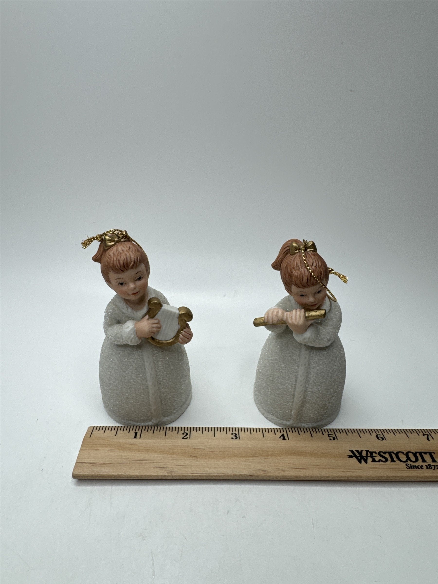 Vintage Homco Set 2 Angel Bells Figural Lyre Flute Porcelain Frosted Christmas