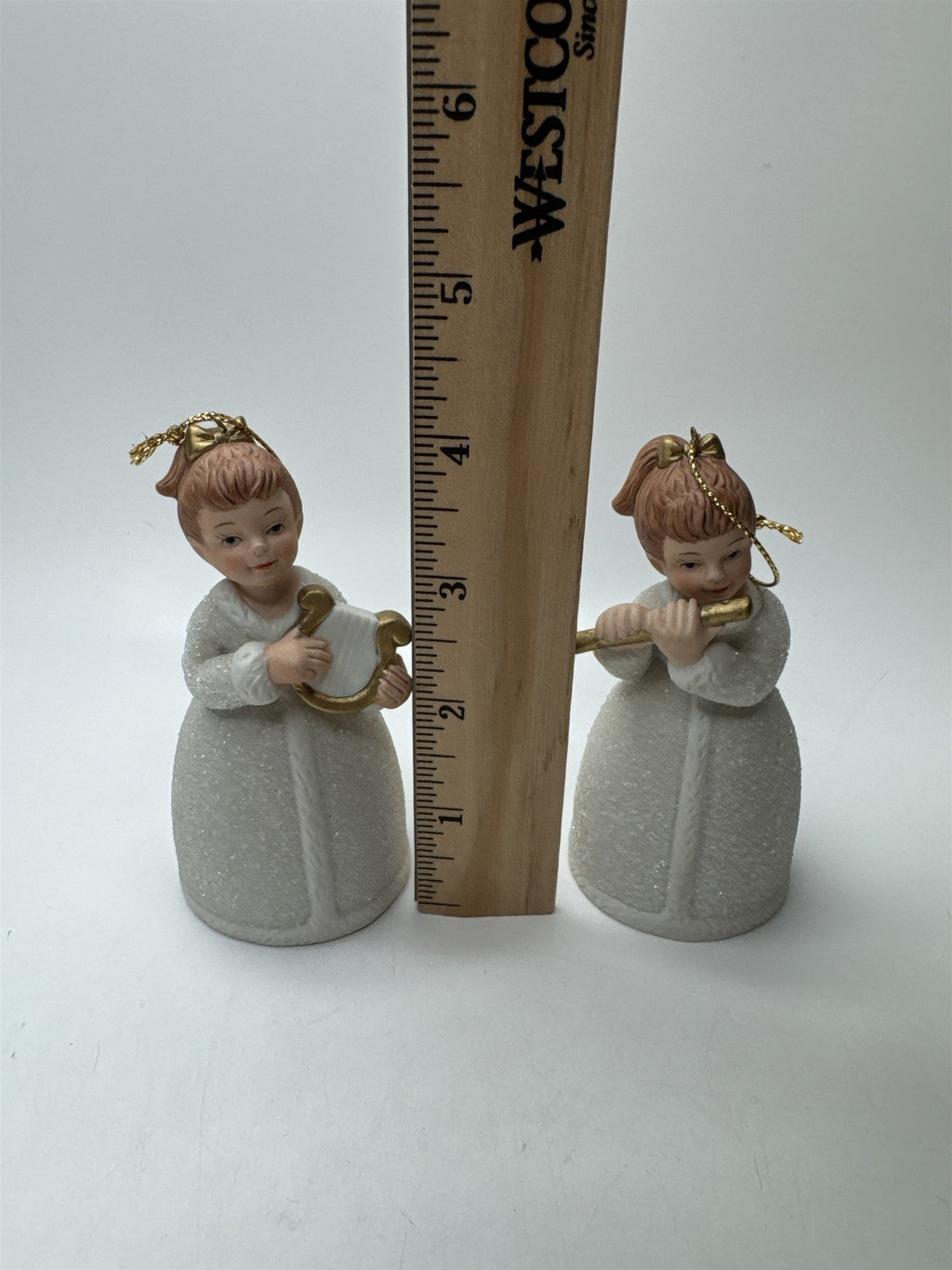 Vintage Homco Set 2 Angel Bells Figural Lyre Flute Porcelain Frosted Christmas
