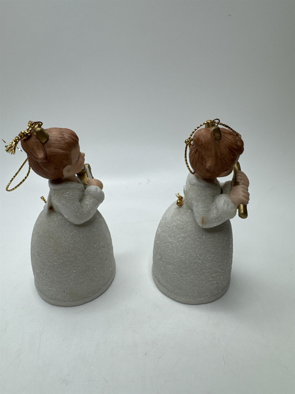 Vintage Homco Set 2 Angel Bells Figural Lyre Flute Porcelain Frosted Christmas