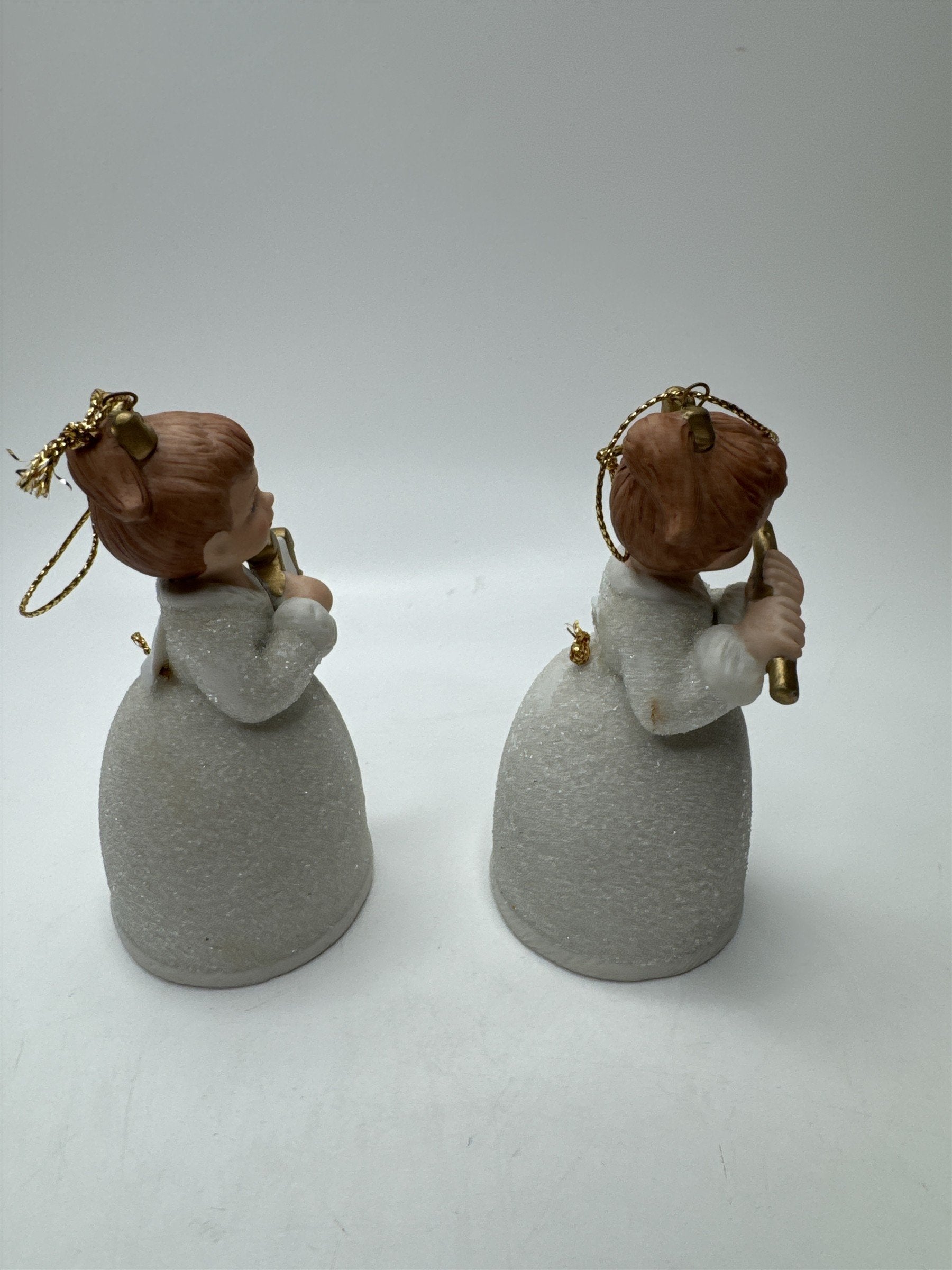 Vintage Homco Set 2 Angel Bells Figural Lyre Flute Porcelain Frosted Christmas