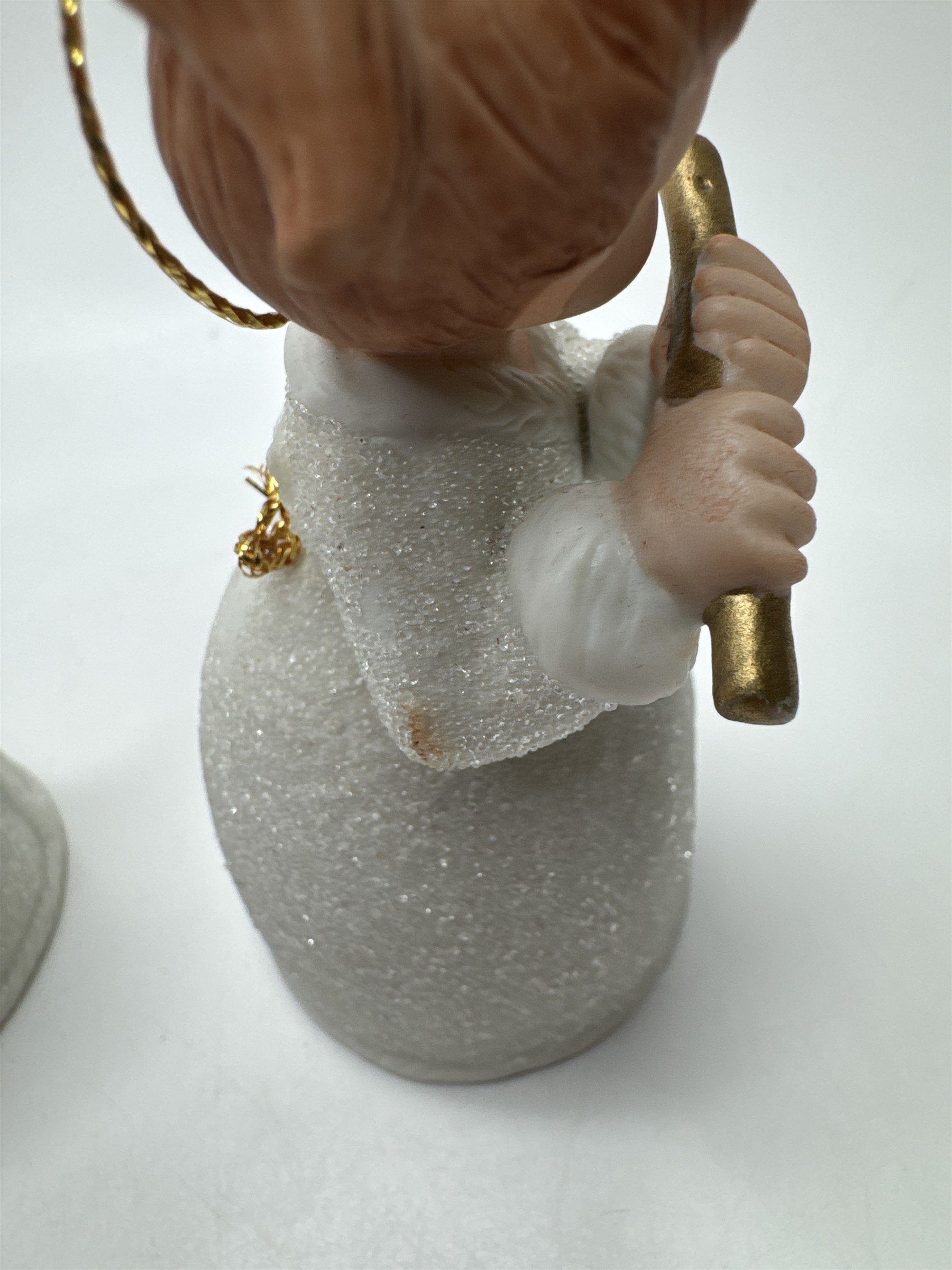 Vintage Homco Set 2 Angel Bells Figural Lyre Flute Porcelain Frosted Christmas